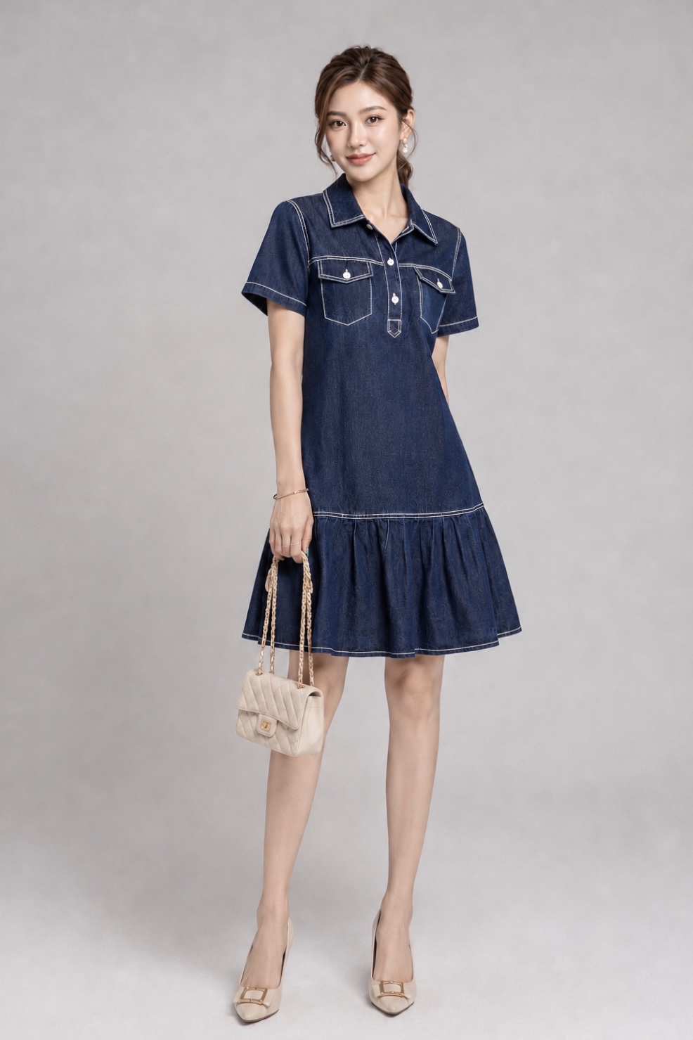 56831 Elegant Denim Flare Hem Shirt Dress