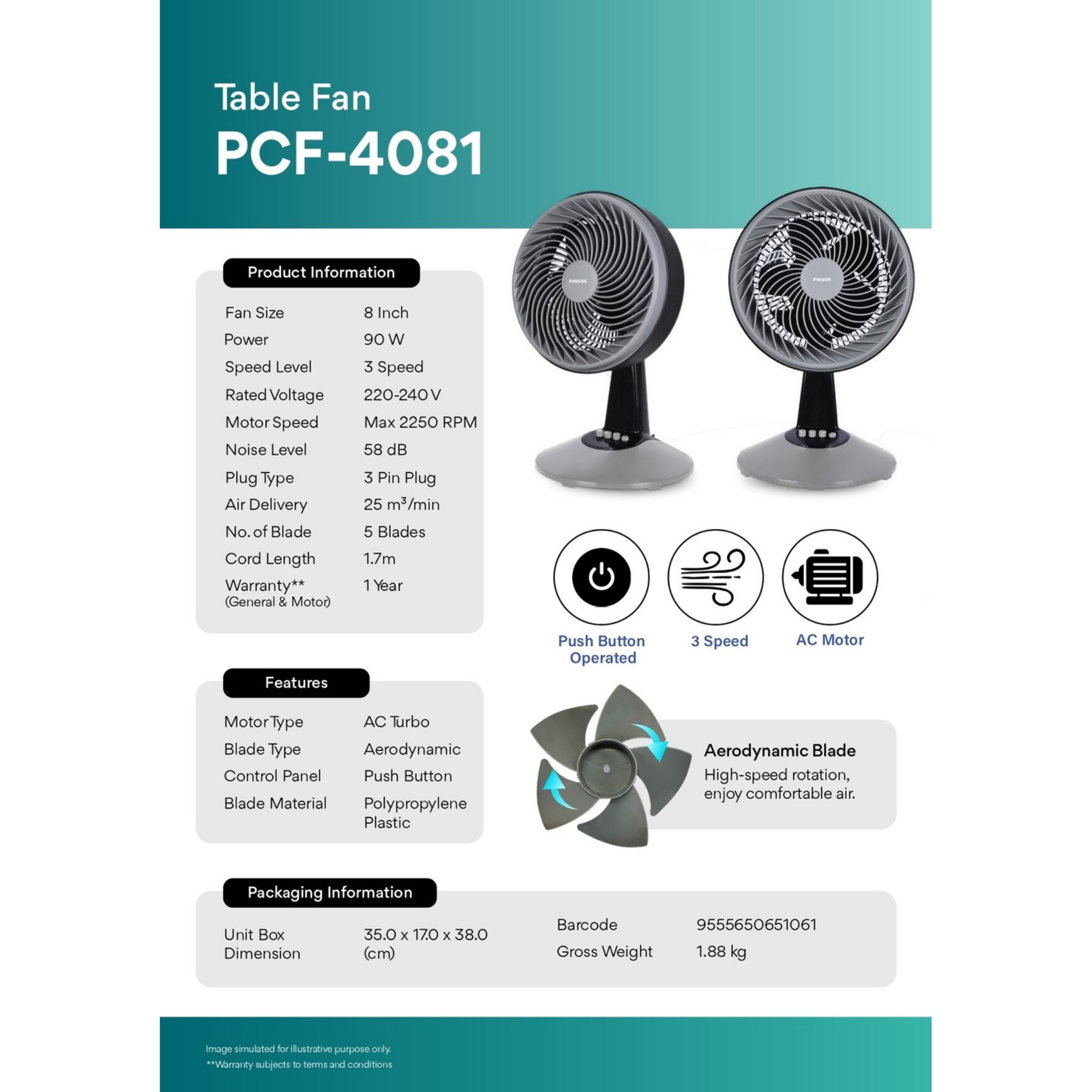 Phison 8" Circulation Table Fan PCF-4081