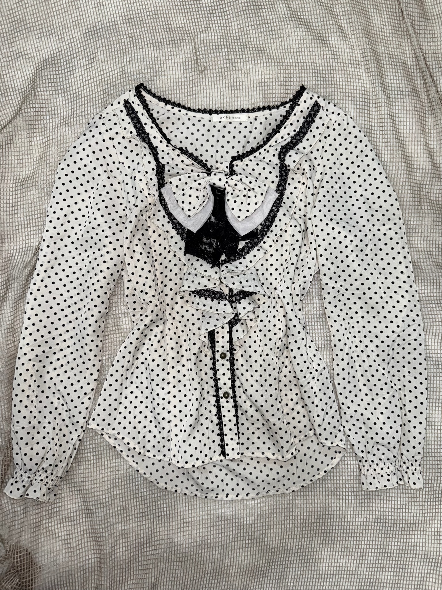 Axes Femme Black Lace Ruffles Polka Dot Large Bow Long-Sleeve Blouse