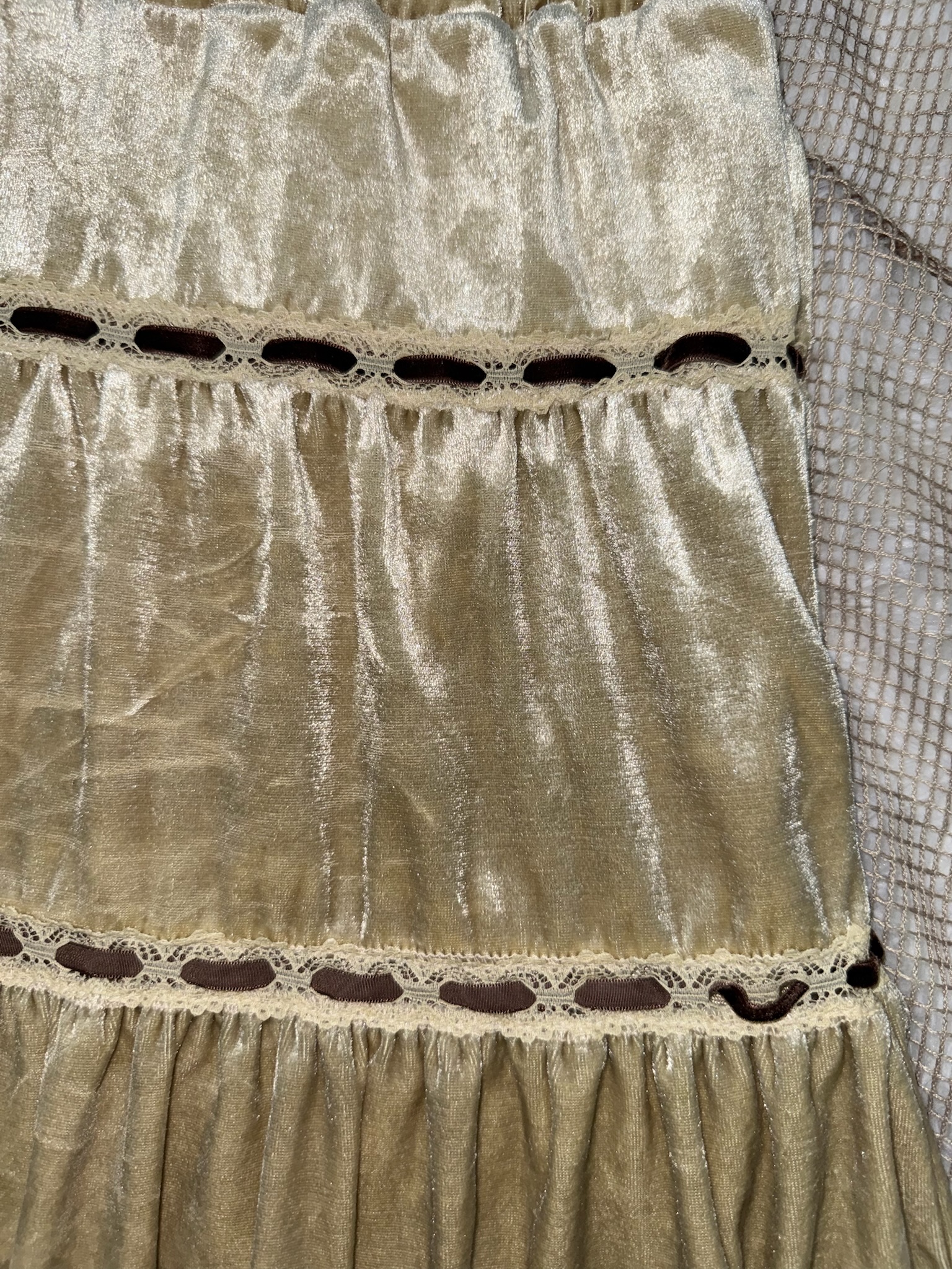 Champagne Crushed Velvet Tiered Skirt with Ribbon Weave and Scalloped Lace Hem