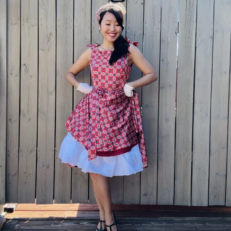 (Ready-Made) 1950s Style Silk Lustre Texture Boat Neck Fit & Flare Swing Dress With Bow Accent on Shoulder（FM213）