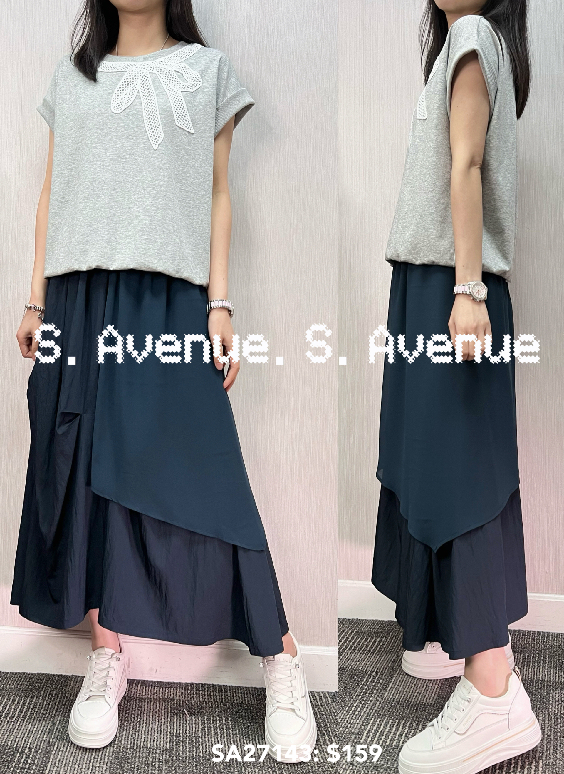 SA27143: 短袖領lace蝴蝶下橡筋top