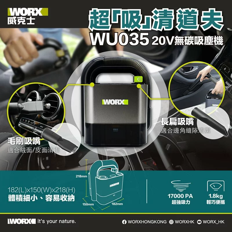 WORX WU035 20V 無刷車用吸塵機 (2.0Ah電x1+2A充電器)