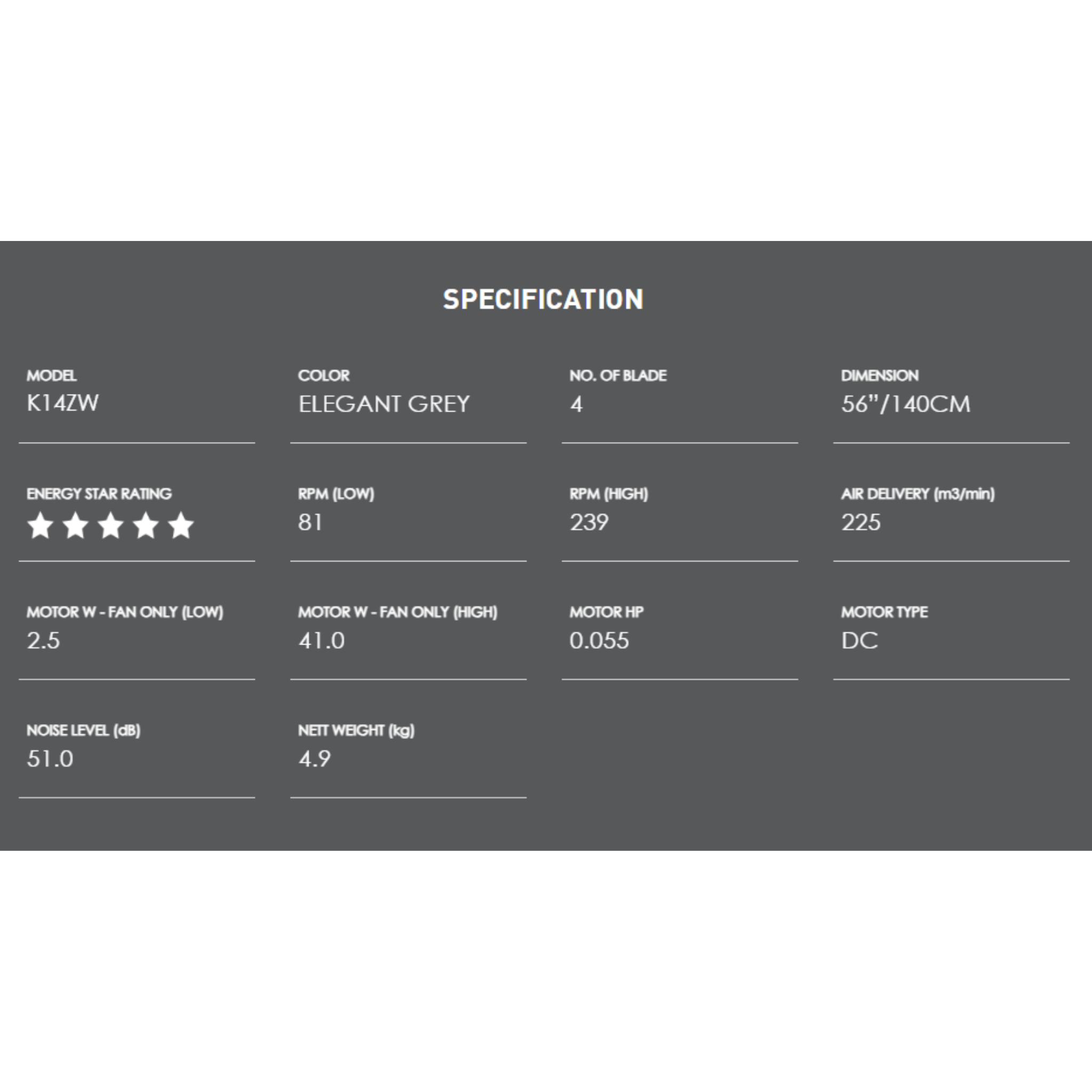 KDK Sensa 4 56" Ceiling Fan 4-Blade (K14ZW)