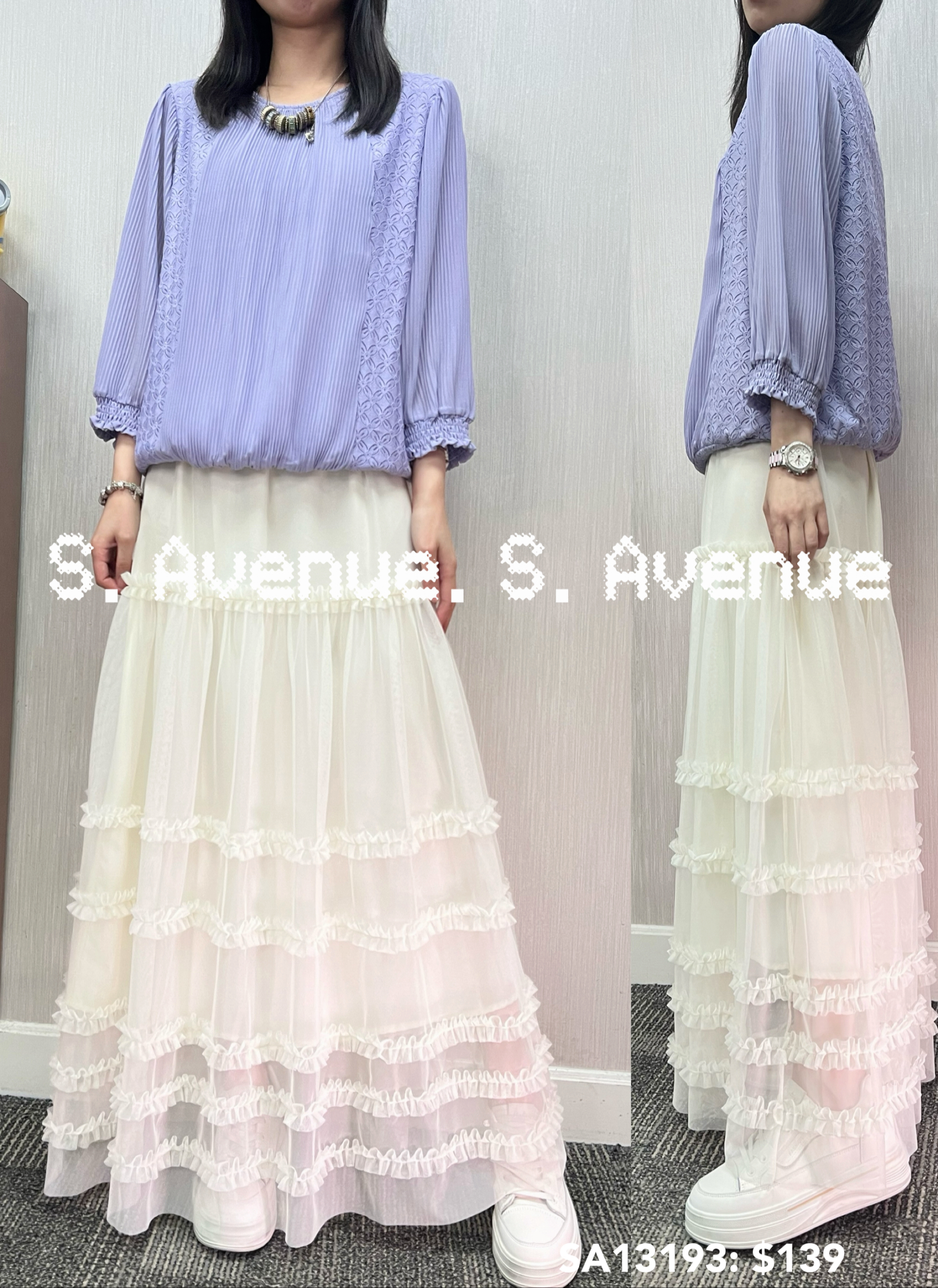 SA13193: 中袖lace雪紡下橡筋top