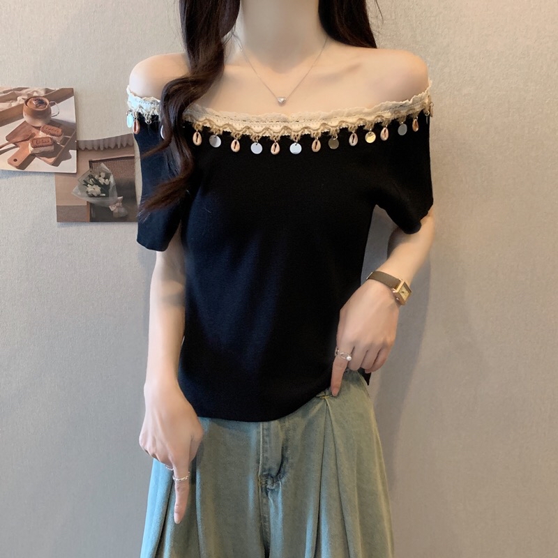 B98(976) 波西米亚风大U领亮片流苏领边针织黑黄上衣