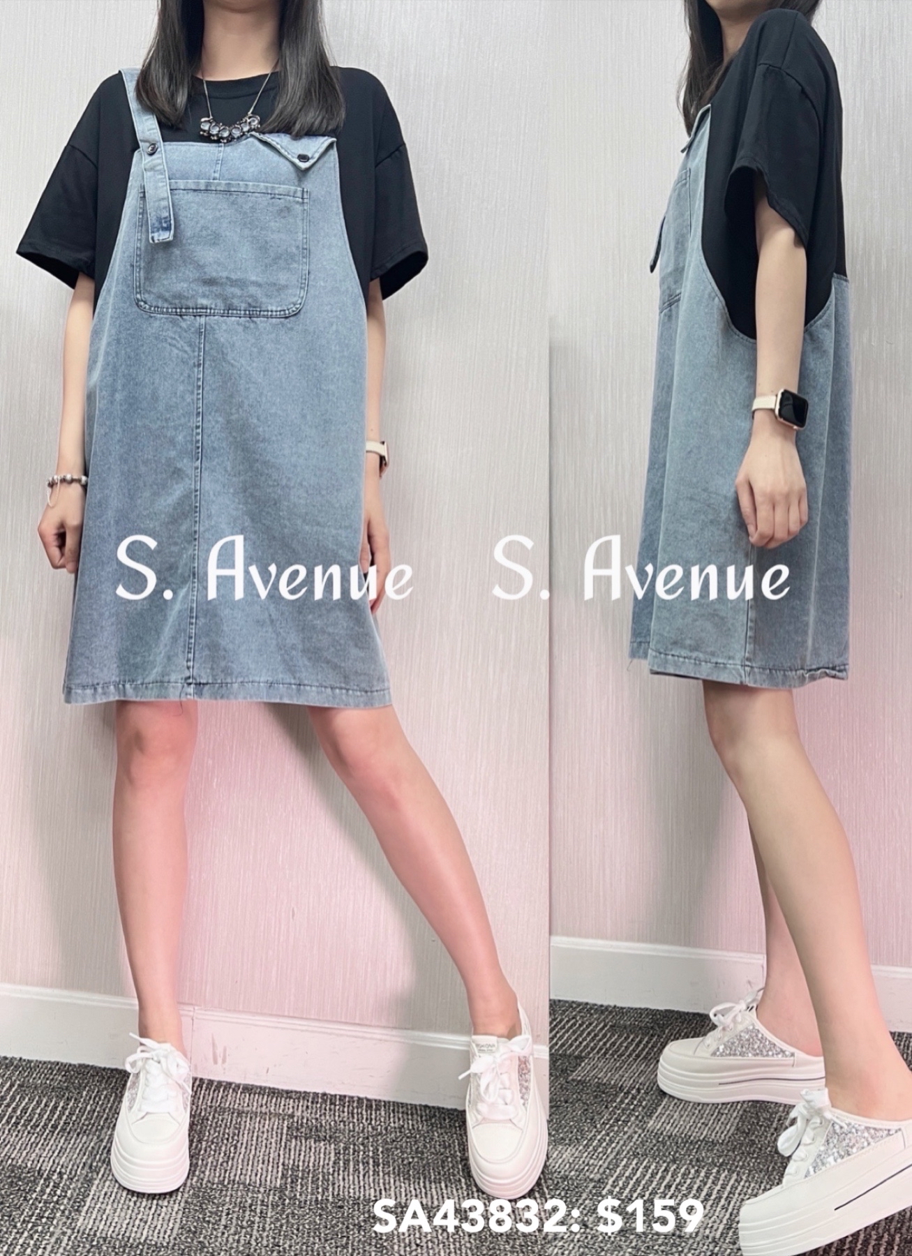 SA43832: 短袖假兩件牛仔工人裙