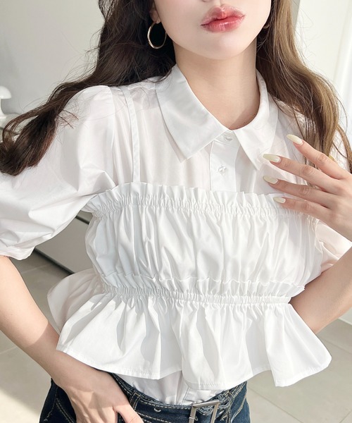 荷葉邊抹胸短袖襯衫上衣【JT036】