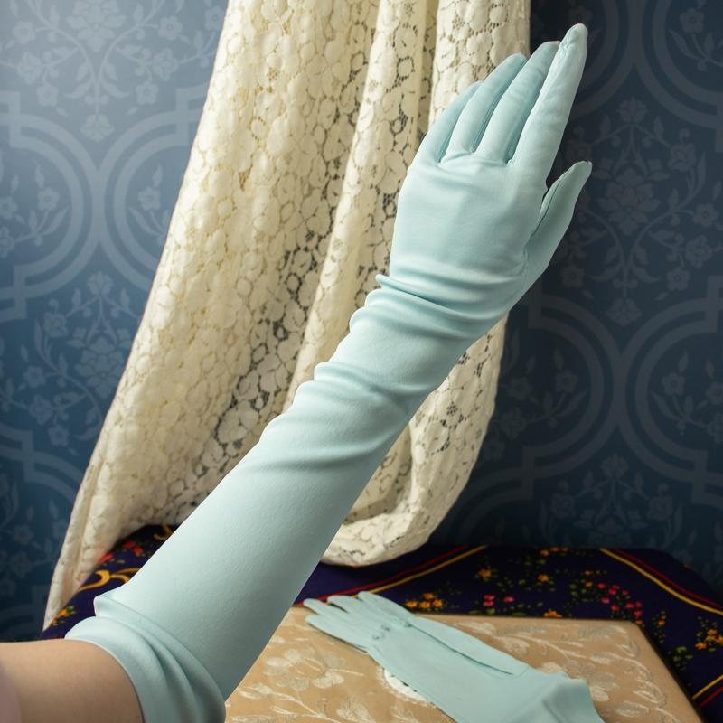 Vintage Made in West Germany Light Blue Opera Length Stretchy Evening Gloves (CE070)