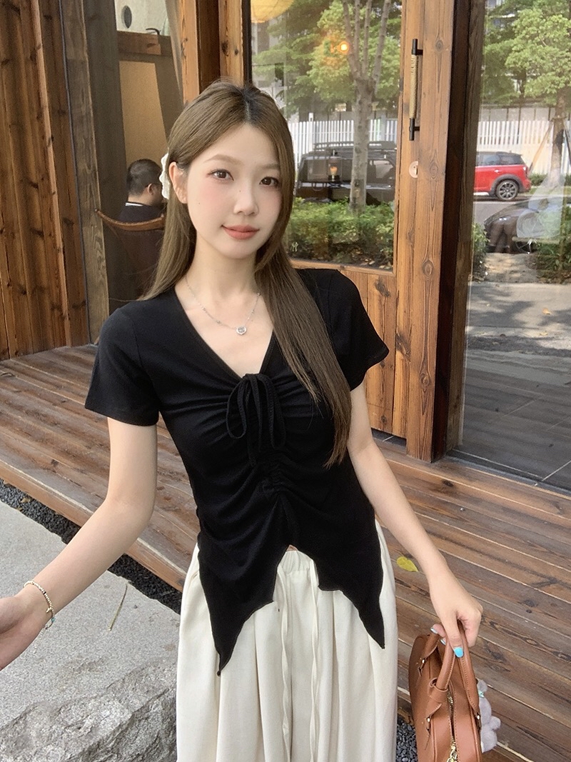 B331(35259) 韩版甜酷风前部V领束带褶皱下摆飘带开角3色上衣