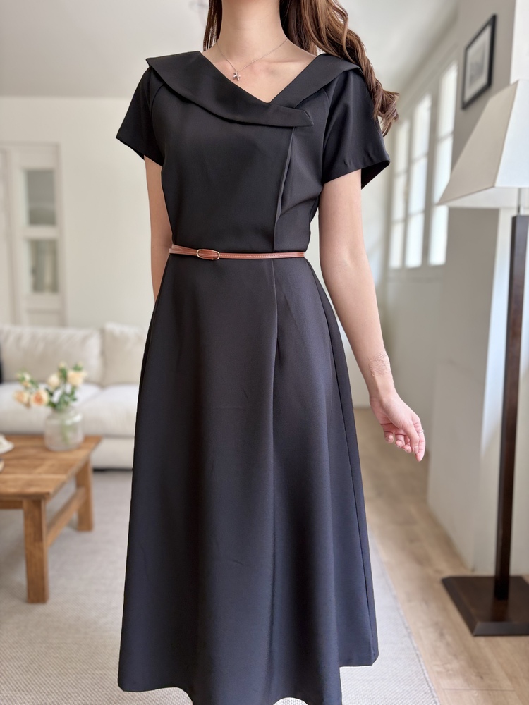 Sailor Collar Belted Dress (Black)
