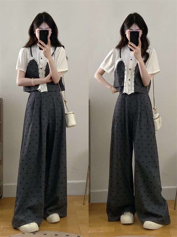 B257(3095) 韩版时尚假两件衬衫拼接吊带蝴蝶结印花上衣与长裤灰套装 