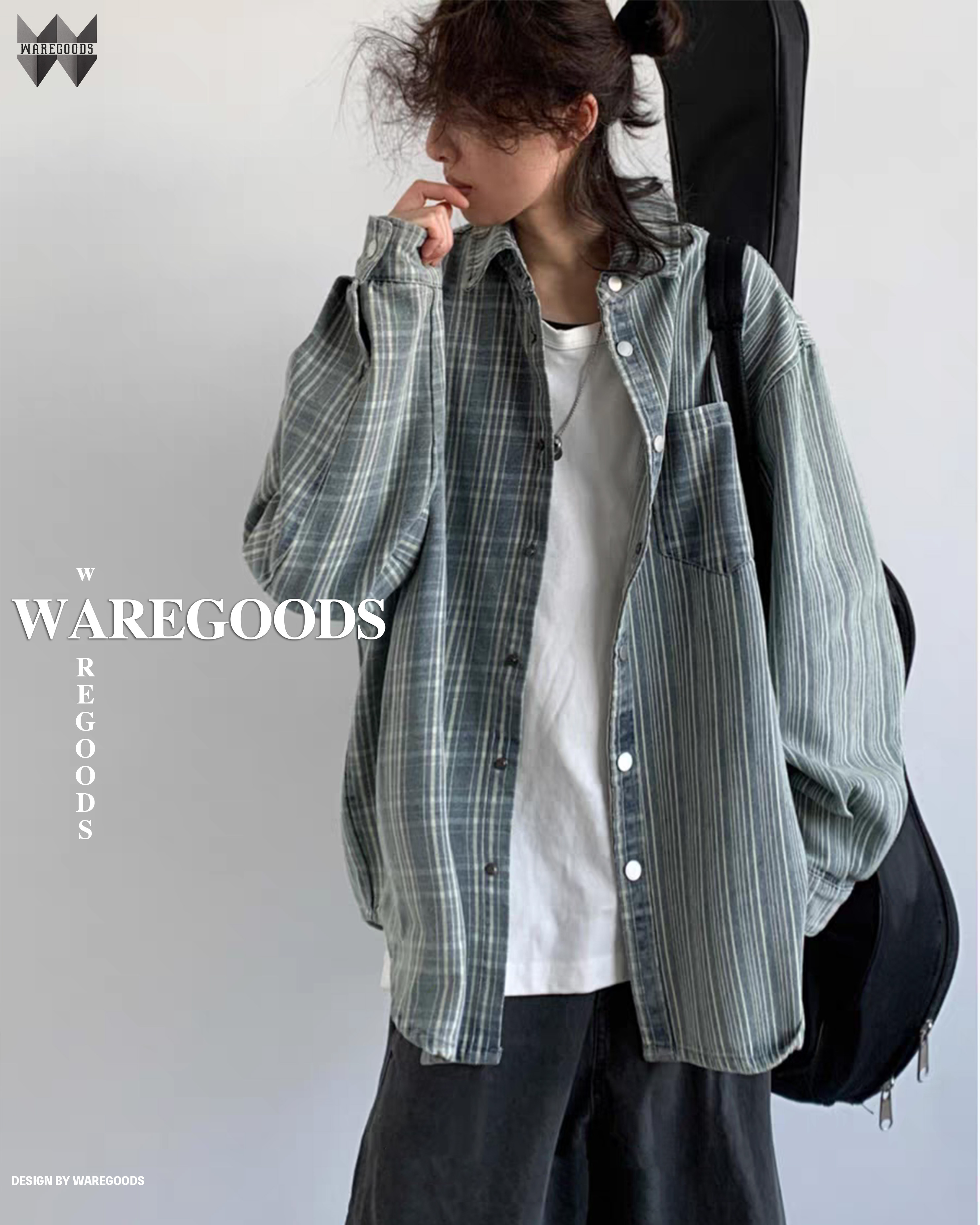 W3009格仔條紋拼接牛仔長袖恤衫