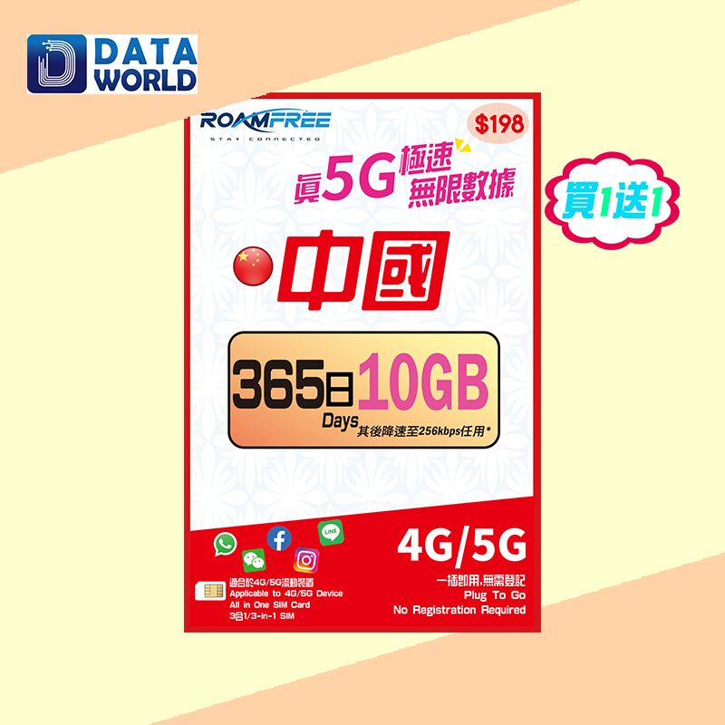 【買1送1優惠】Roamfree X 3HK 4G/5G 中國內地365日10GB無限數據卡 x2
