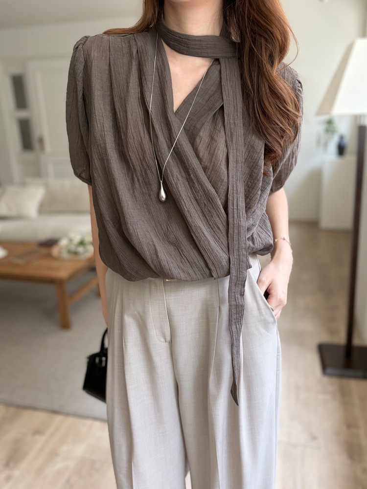 Louise Wrap Blouse with Tie (Brown)