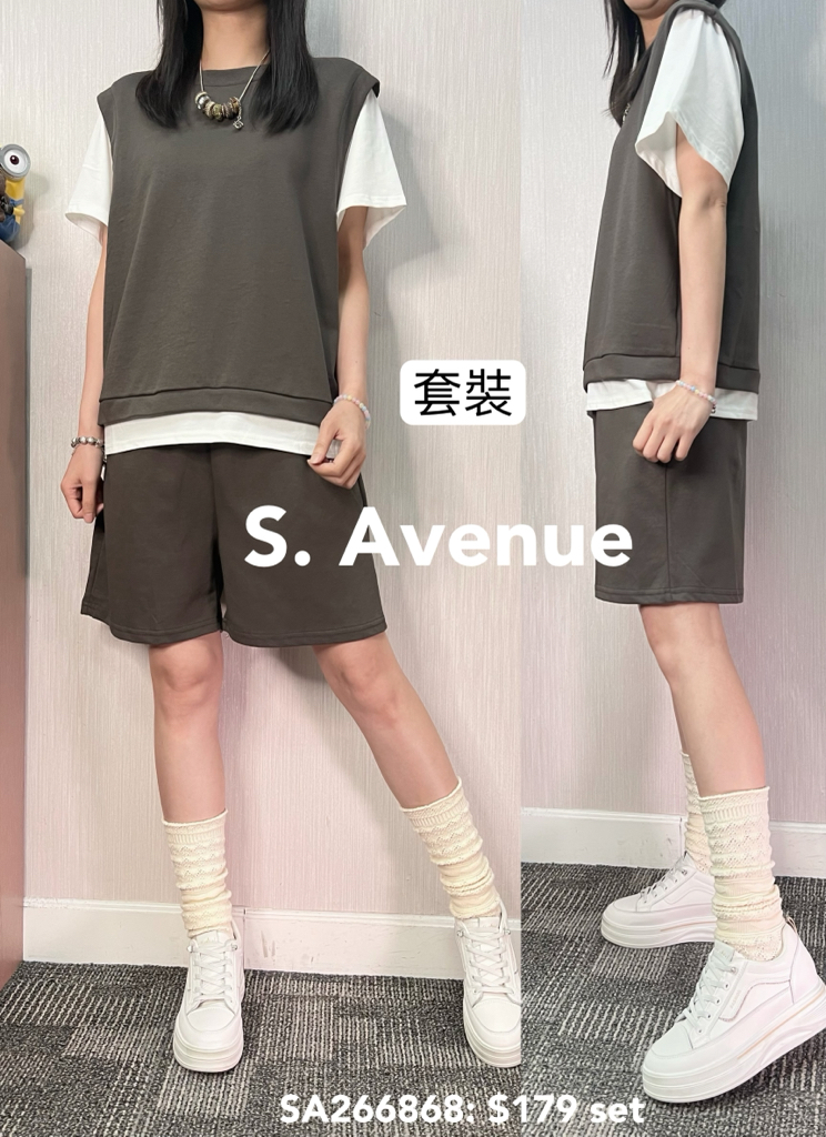 SA266868: 短袖假兩件tee配短褲套裝