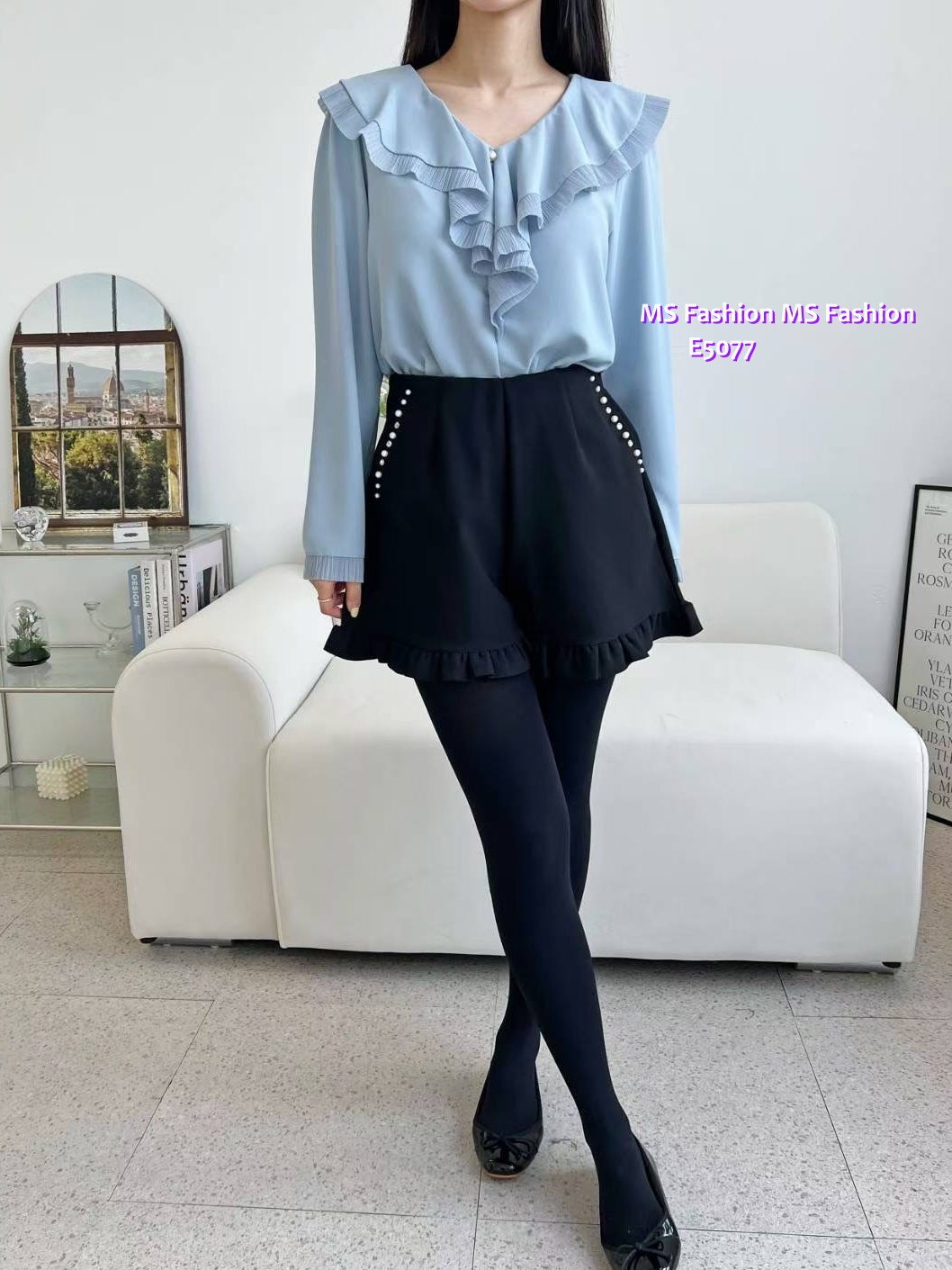 E5077 靚料V領ruffle top