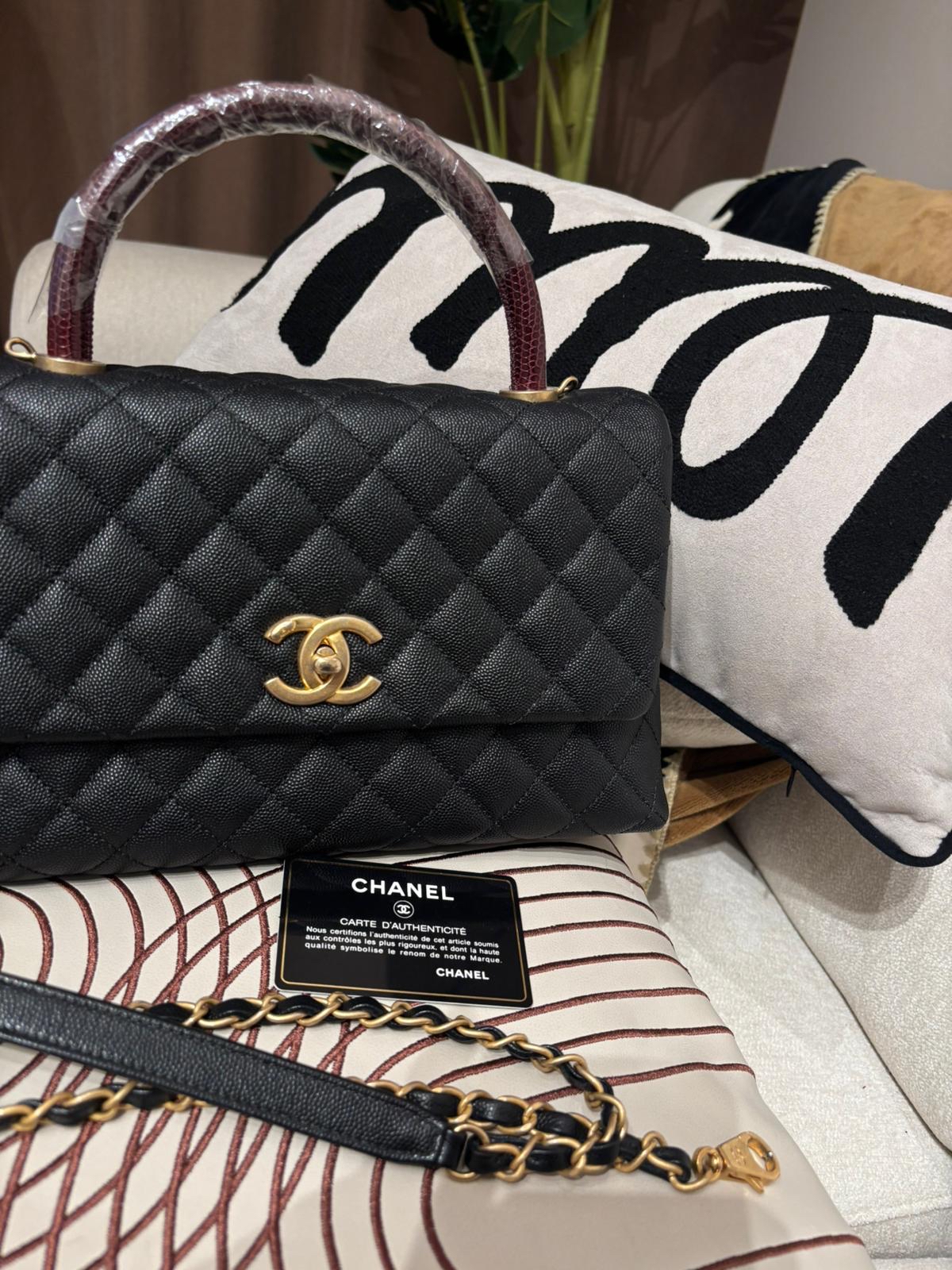 Chanel coco handle Medium 黑色荔枝牛皮金扣蜥蜴皮手柄 100%Authentic, 95%New ✅24Card✅Dust Bag✅Box