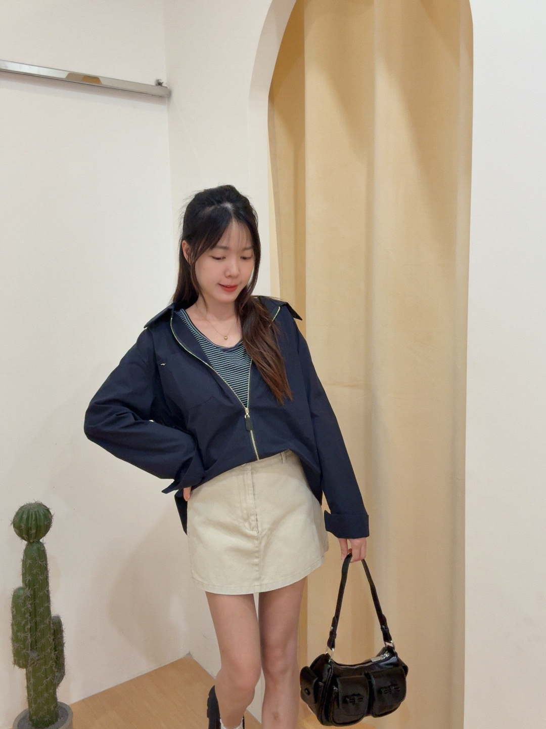 假两件条纹背心翻领拉链工装长袖上衣 R2757