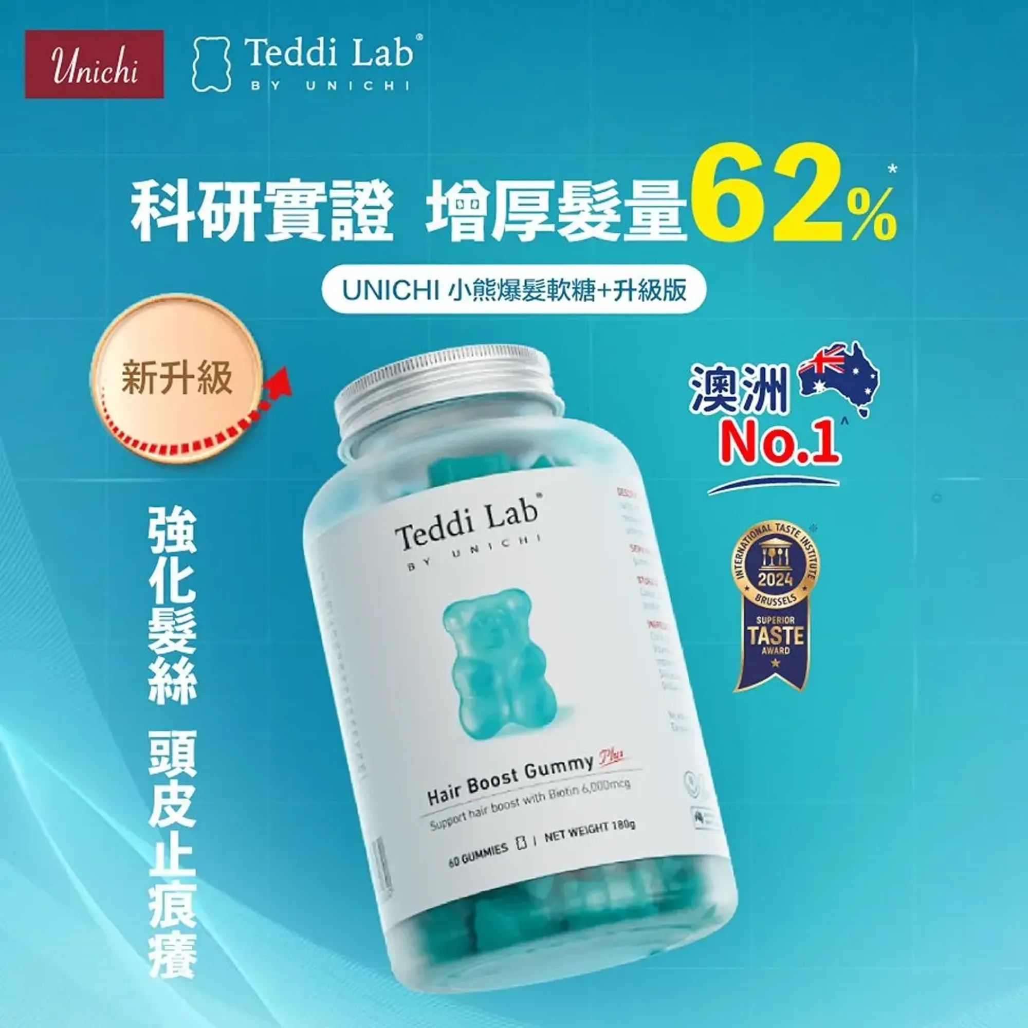 *🇦🇺澳洲維他命B及軟糖類銷量NO.1！新升級澳洲Unichi 海鹽生髮小熊軟糖60粒Plus*