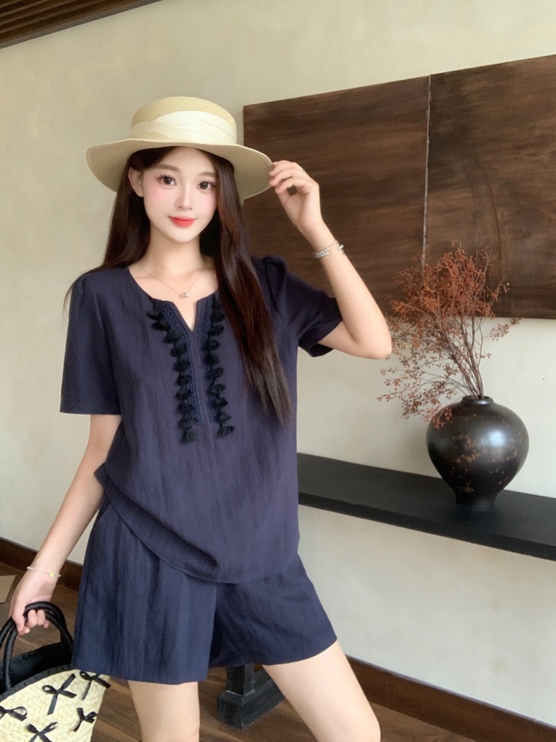 B16(35923) 韩系麻料圆小尖角领短流苏边设计感上衣与短裤蓝黄套装