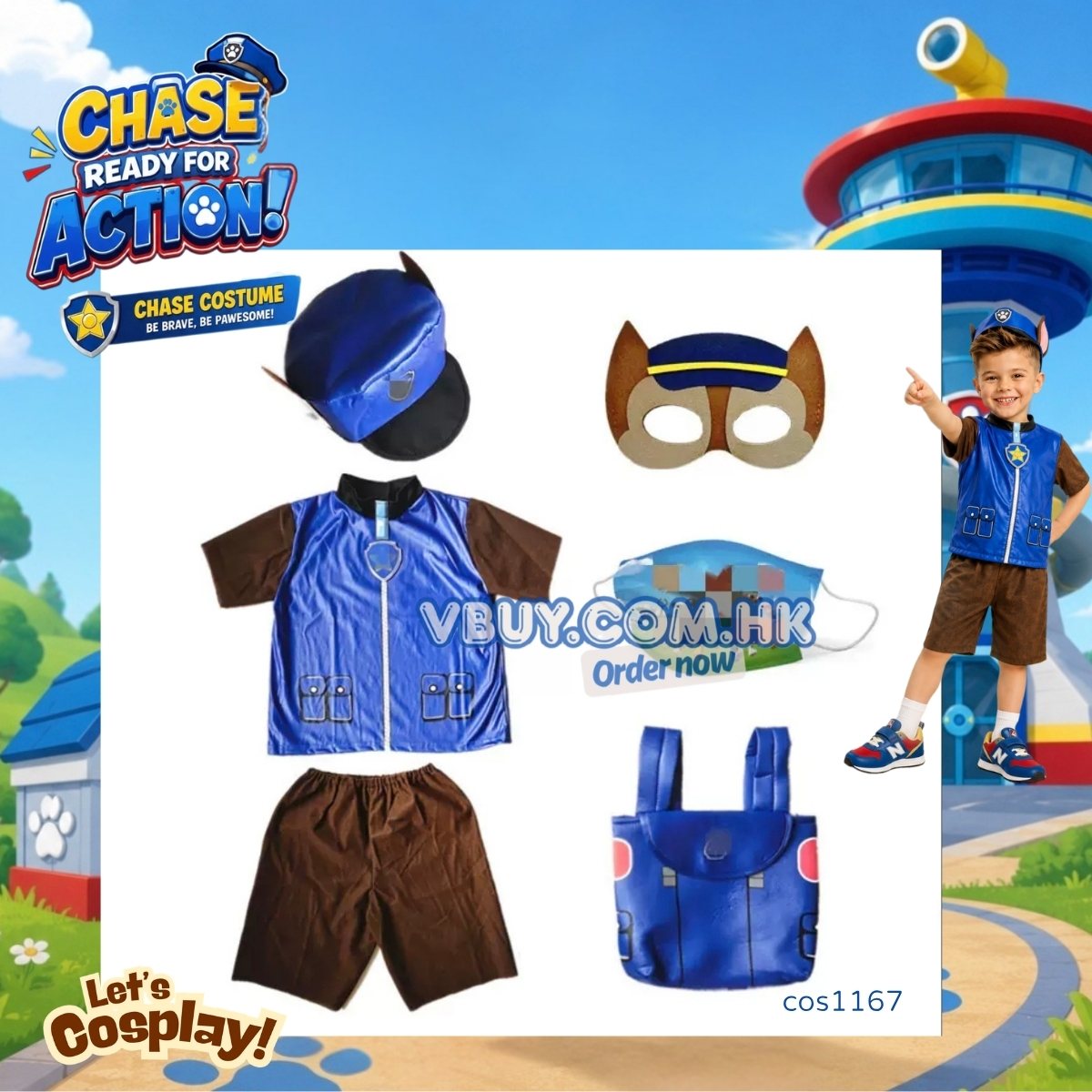 Paw Patrol Chase Costume 汪汪隊立大功阿奇短袖角色扮演表演服 兒童Cosplay Halloween服裝 Lets Cosplay cos1167