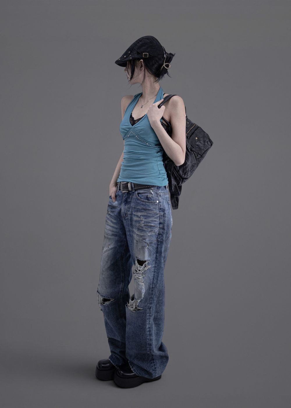 Studded Ruched Halterneck Top