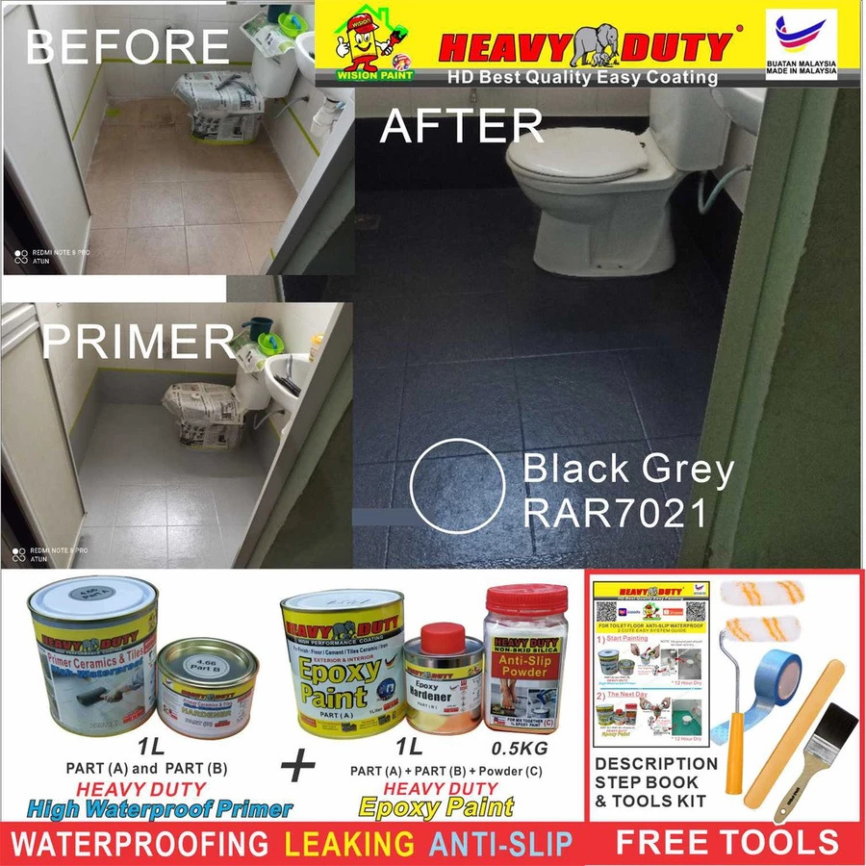 FULL SET (HEAVY DUTY BRAND) Floor Coating (Free Paint Tool Set) 1L Tile Primer + 1L Epoxy Colour + 0.5kg Non-skid Silic