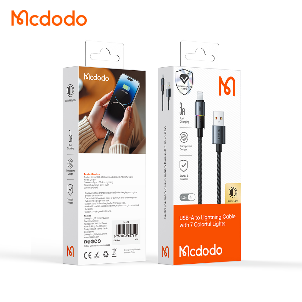 MCDODO CA8170 USBA TO LIGHTNING CABLE WITH 7 COLORFUL 1.2M-CABLE:L CABLE 7 COLOURFUL