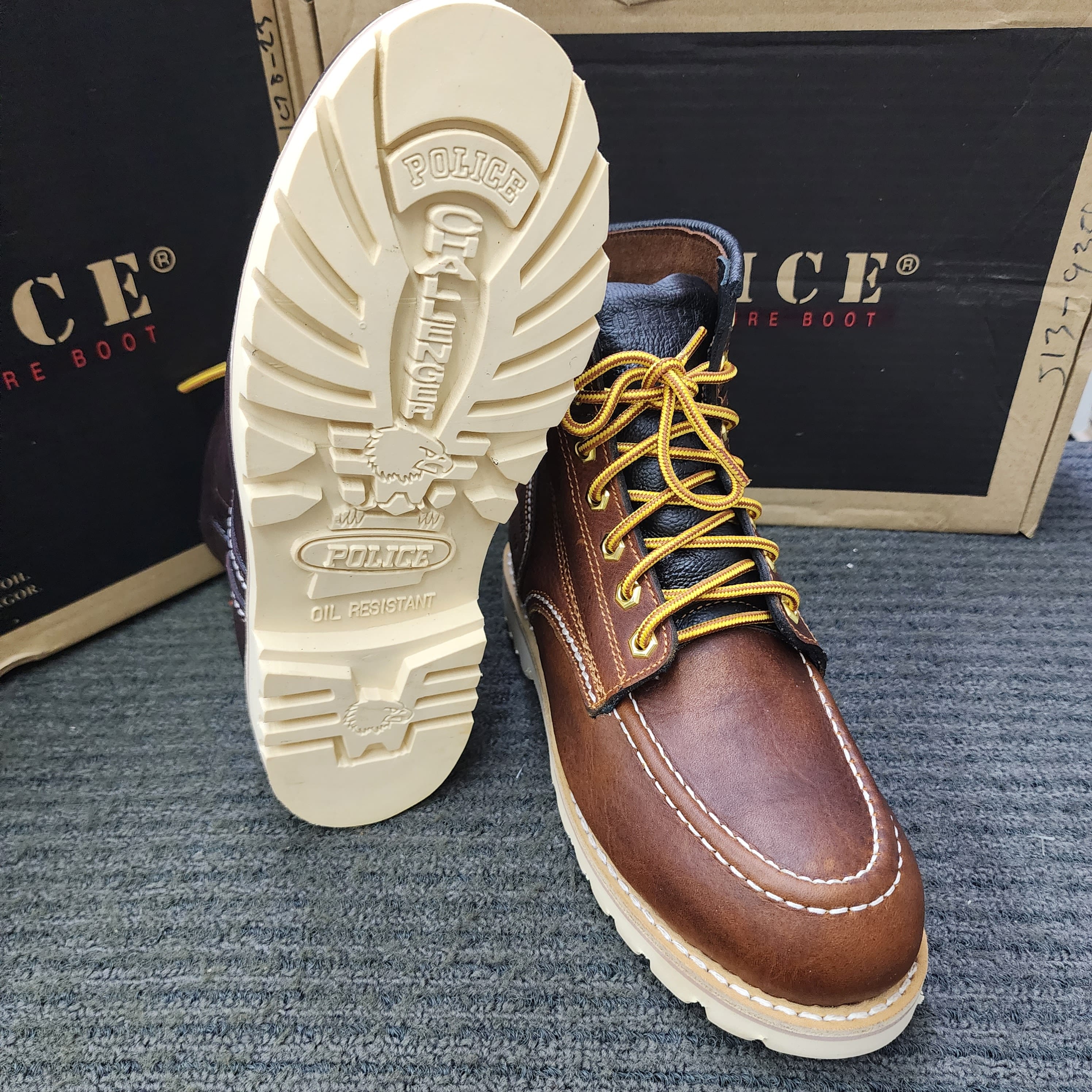 POLICE SAFETY 93598 Mid Cut Lace Up Safety Shoes leather Brown Maroon Kasut Keselamatan Kulit Tali Kasut Keselamatan