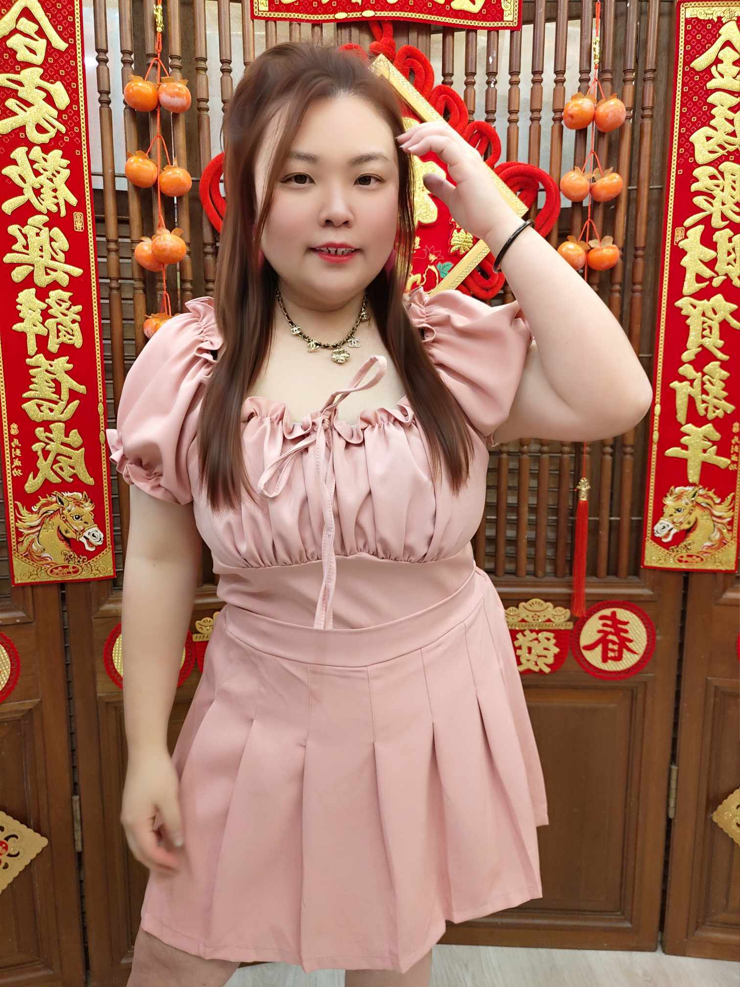 NJA01 TT908/TT908SK 甜辣大U领皱褶上衣裤裙套装