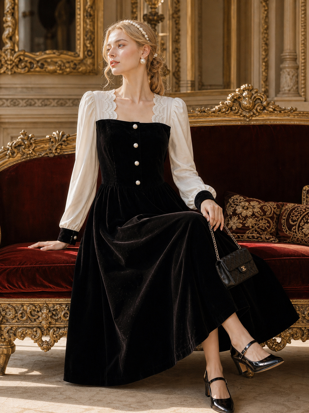 歌劇院的魅影 ∙ 拼接蕾絲方領絲絨長袖連身裙 Phantom of the Opera ∙ Contrast Embroidery Square Neck Velvet Long Sleeve Dress