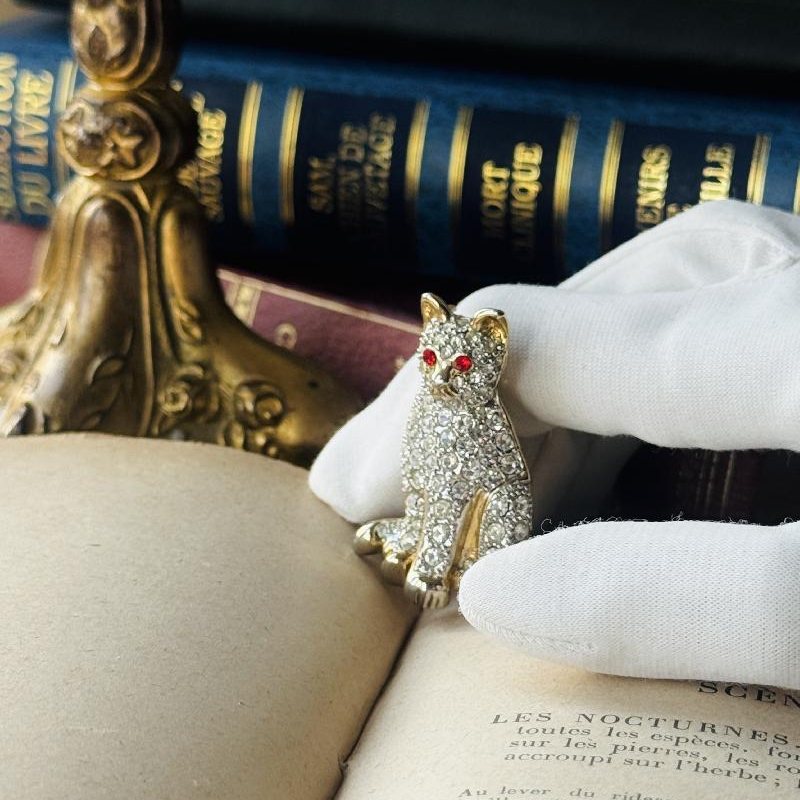 Vintage Rhinestone Studded Sparkling Cat Brooch with Red Eyes(MT2554)