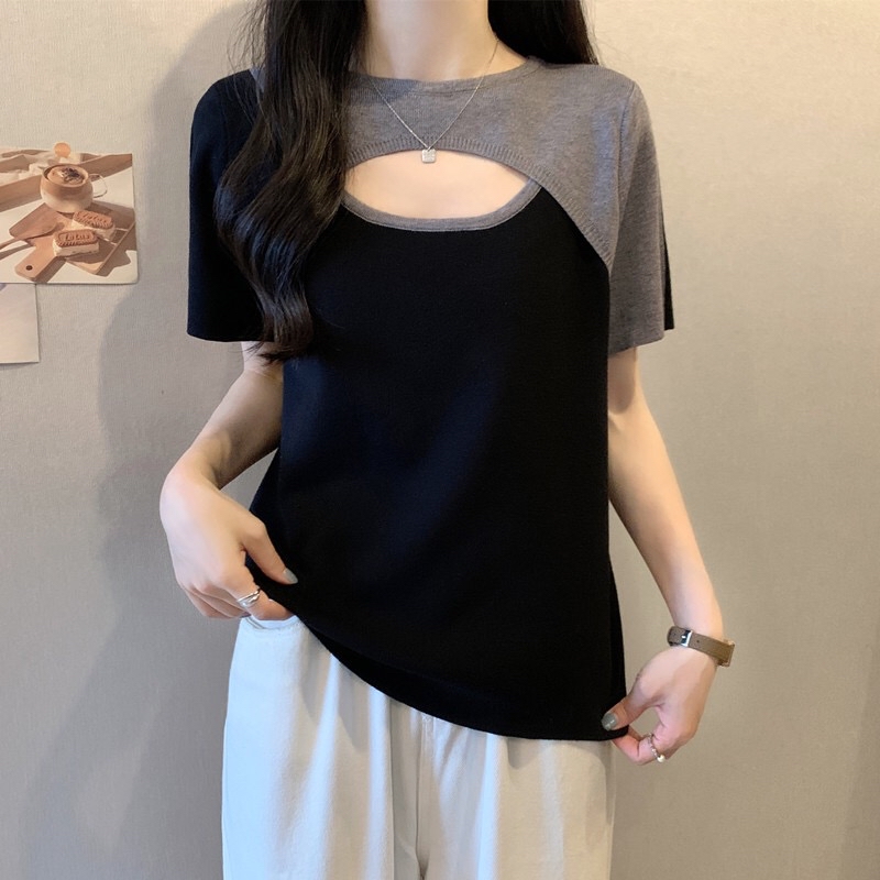 B02(882) 韩版气质拼接撞色肩袖前部镂空灰杏针织上衣