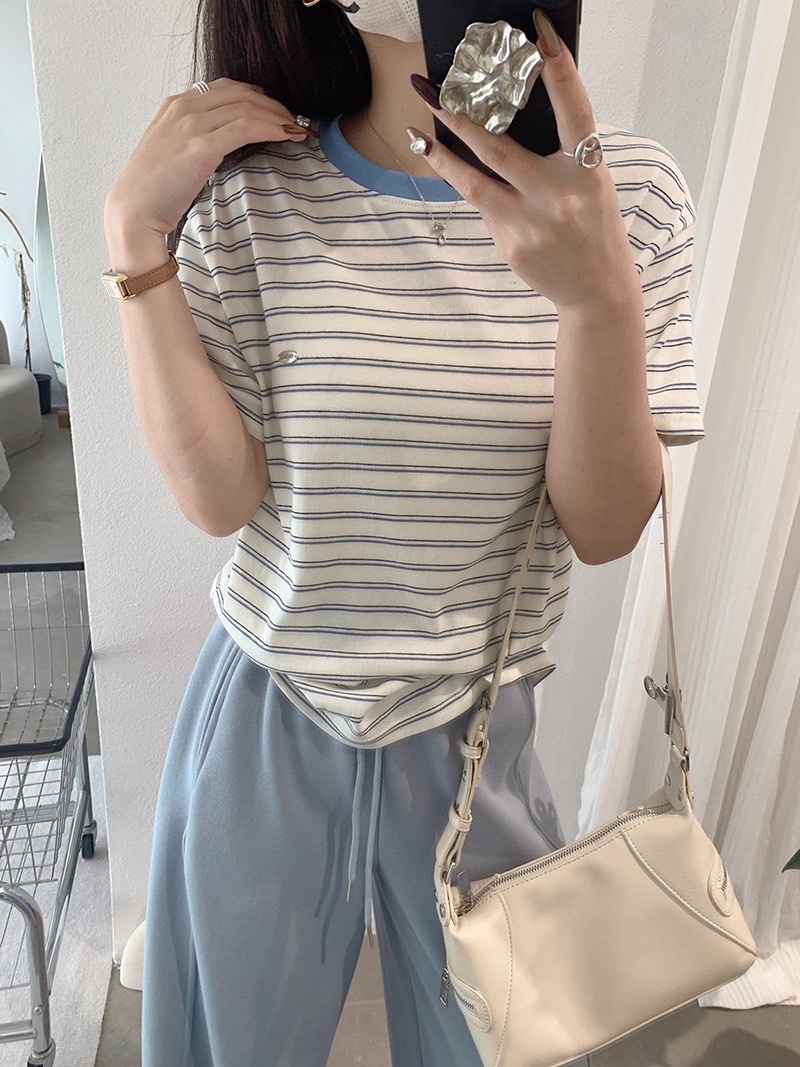 装色条纹短袖宽松Tee