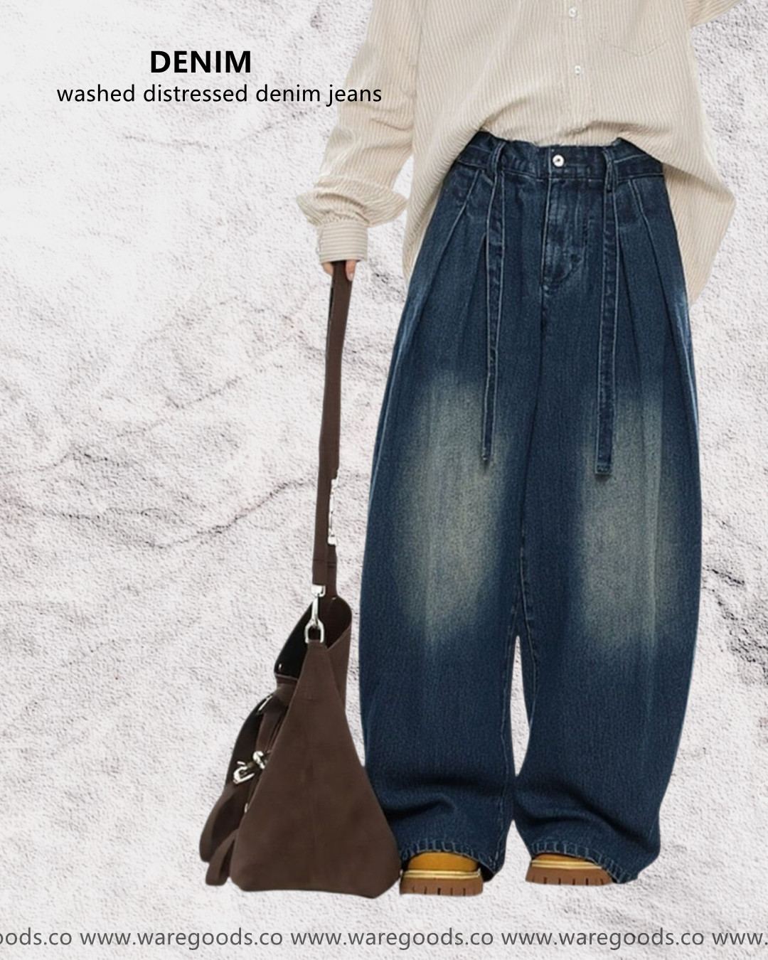 W35757水洗腰繩垂感牛仔褲