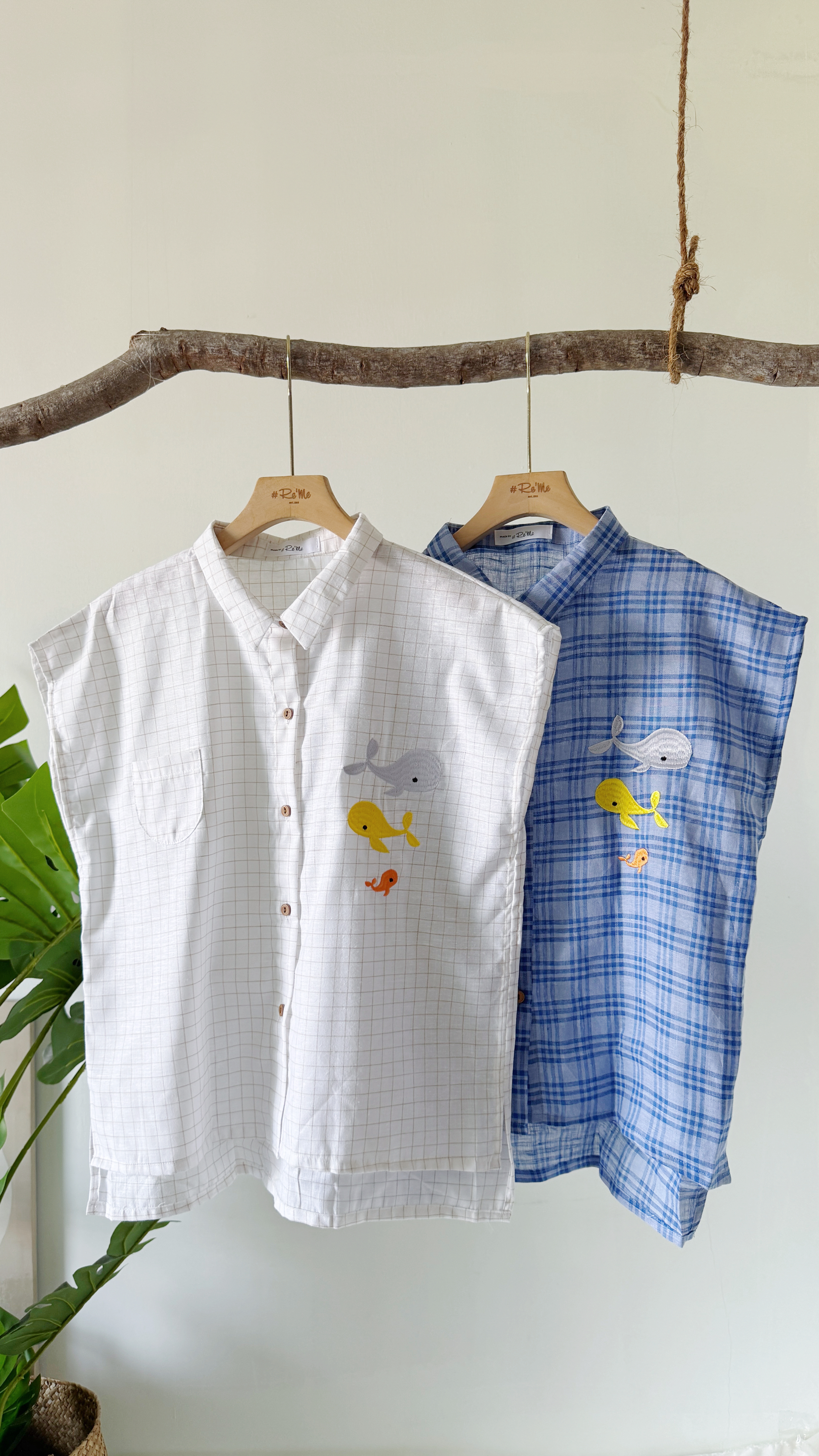 日系直肩鲸鱼刺绣衬衫