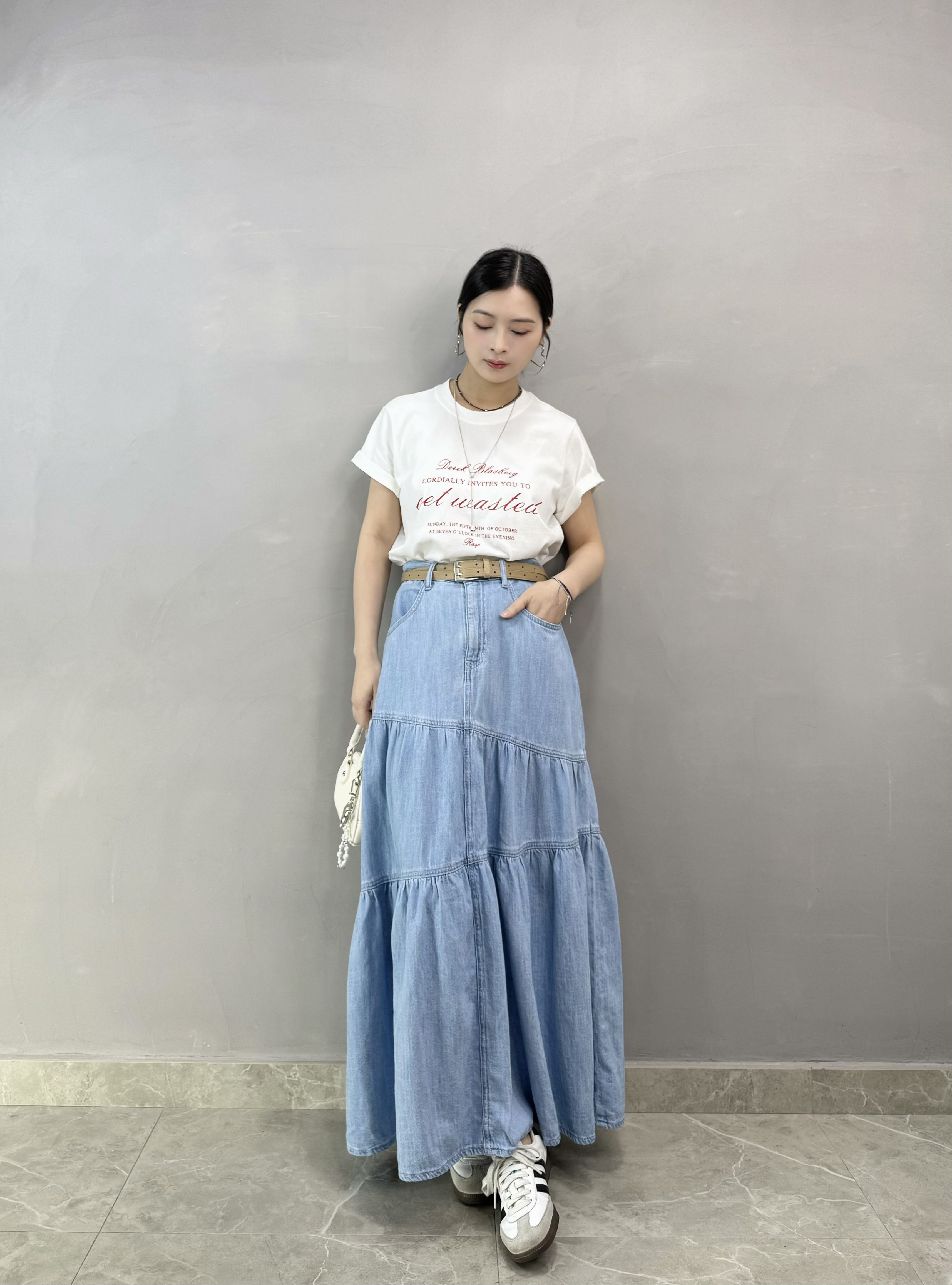 S67 斜cut ruffle薄牛仔裙