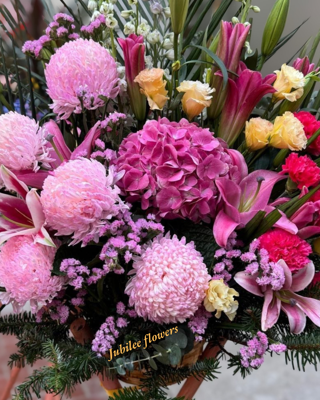 🎉【開張花籃】 粉紅牡菊粉紅繡球百合開業賀籃