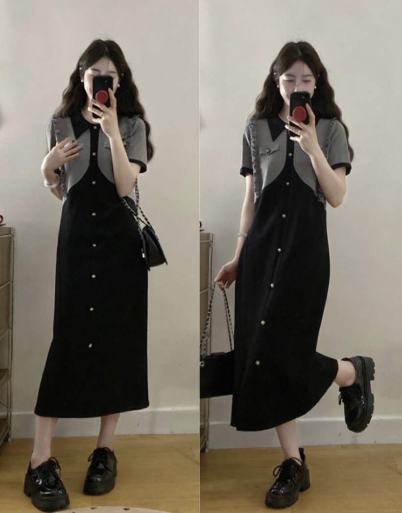 B185(6709) 韩系气质假两件拼接撞色灰外套型黑针织连身裙