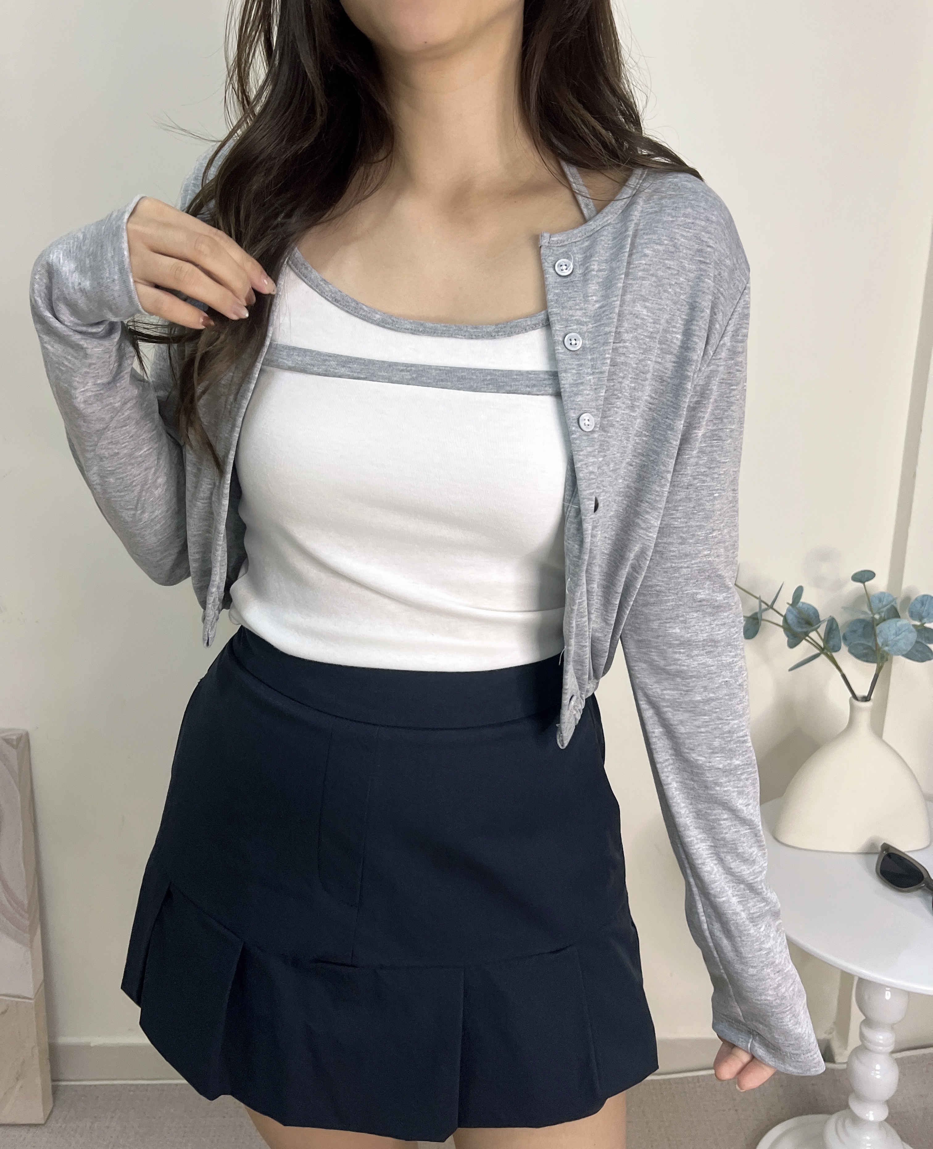 現 貨 》 KR 綁繩背心外套set-淺灰