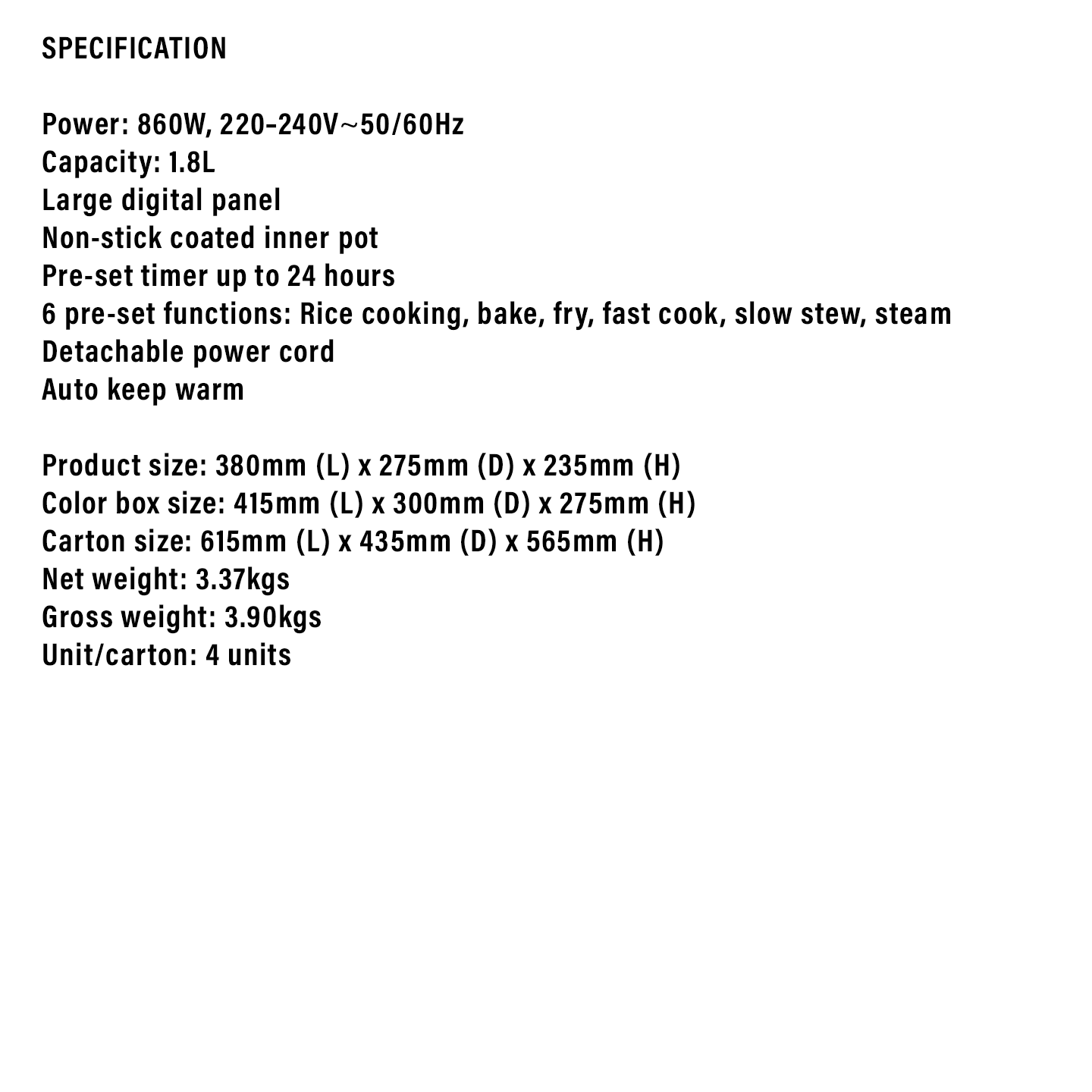 Faber 1.8L Deluxe Rice Cooker RISO 18