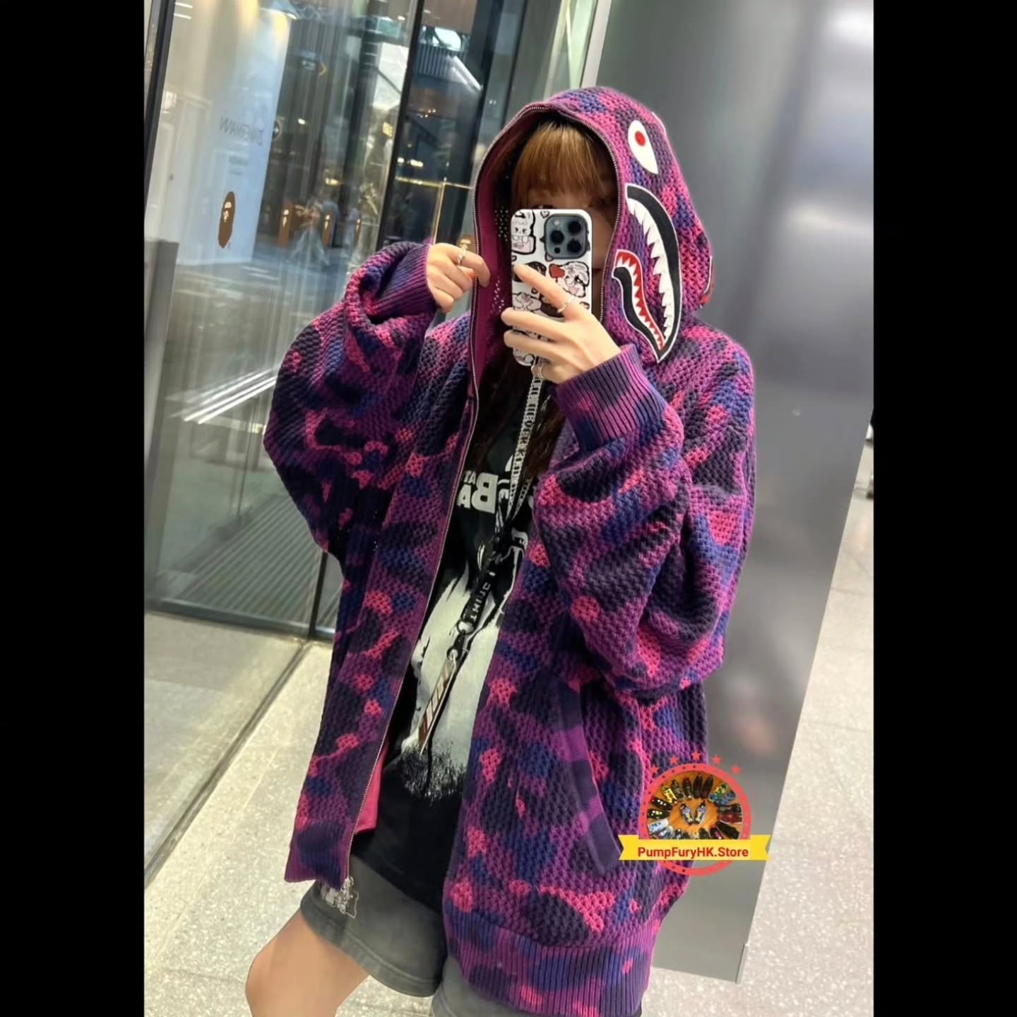 BAPE color camo shark crochet zip