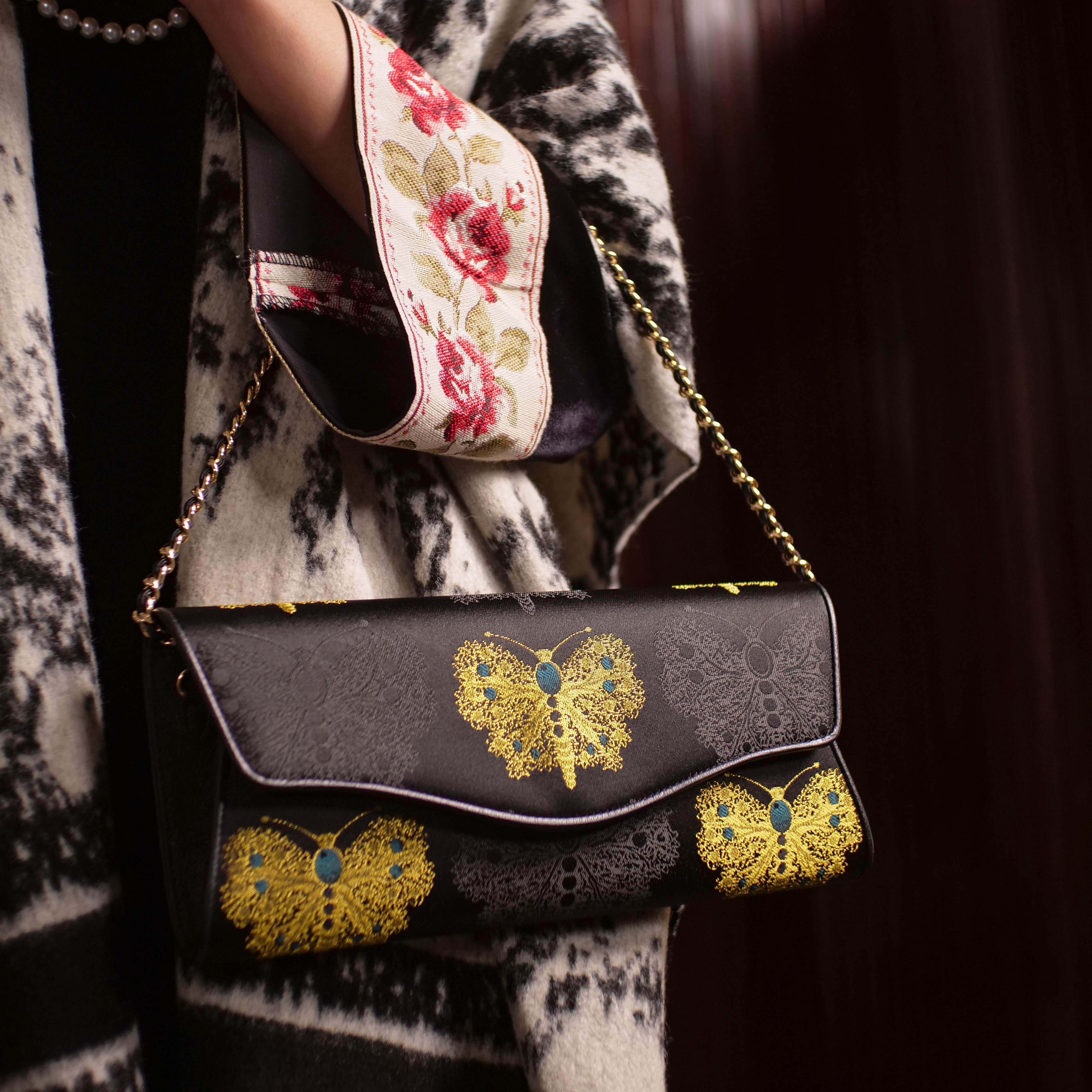 宋錦∞黑金綠蝴蝶牛皮手袋