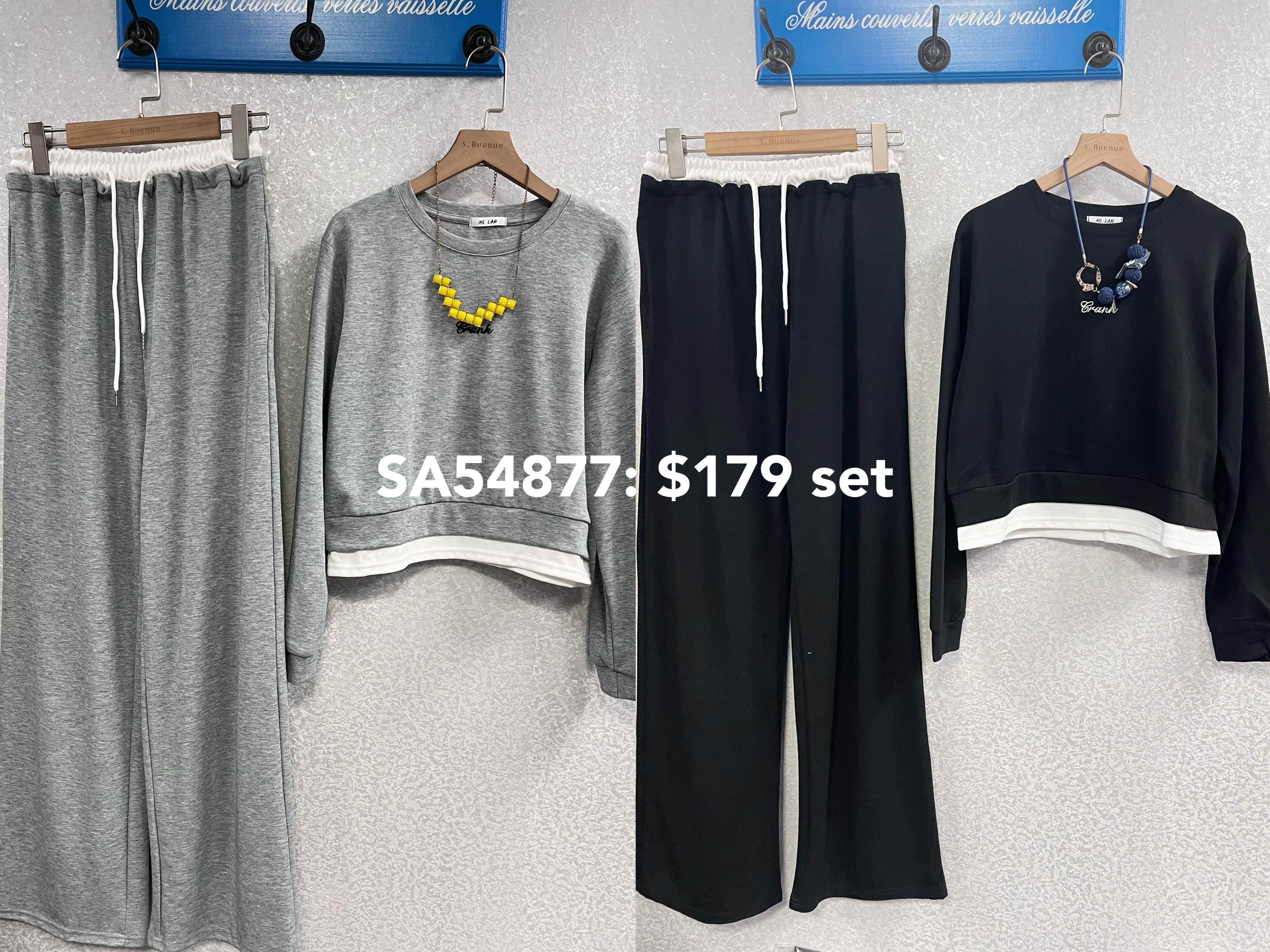 SA54877: 長袖假兩件短tee配撞色邊長褲套裝