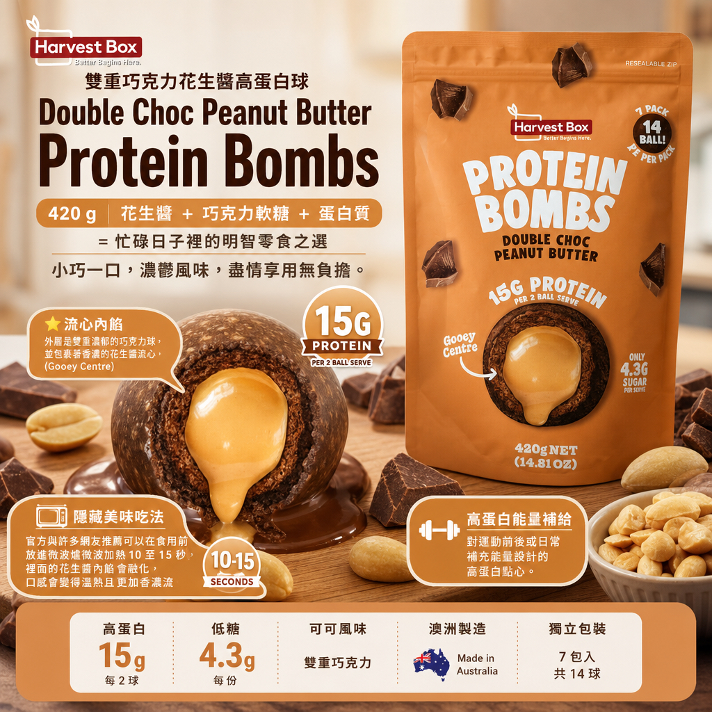 澳洲Costco  Harvest Box  雙重巧克力花生醬高蛋白球Double Choc Peanut Butter Protein Bombs。420 g 