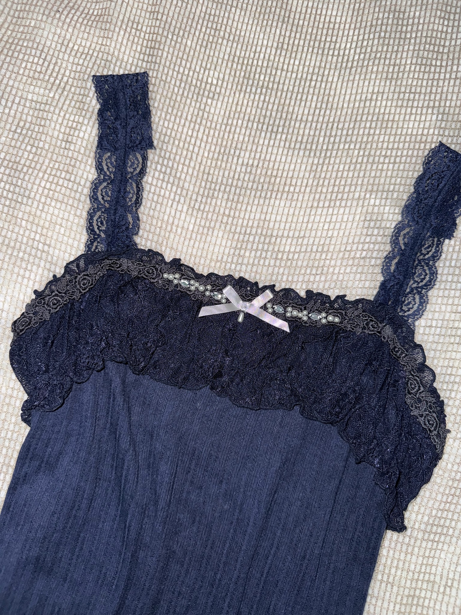 Axes Navy Blue Ribbed Tank with Pearl-Detail Lace