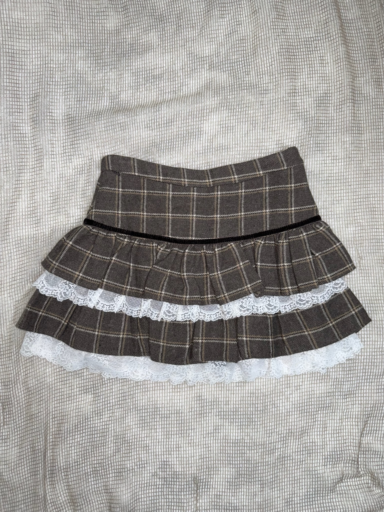 Brown Plaid Lace Layered Mini Skirt