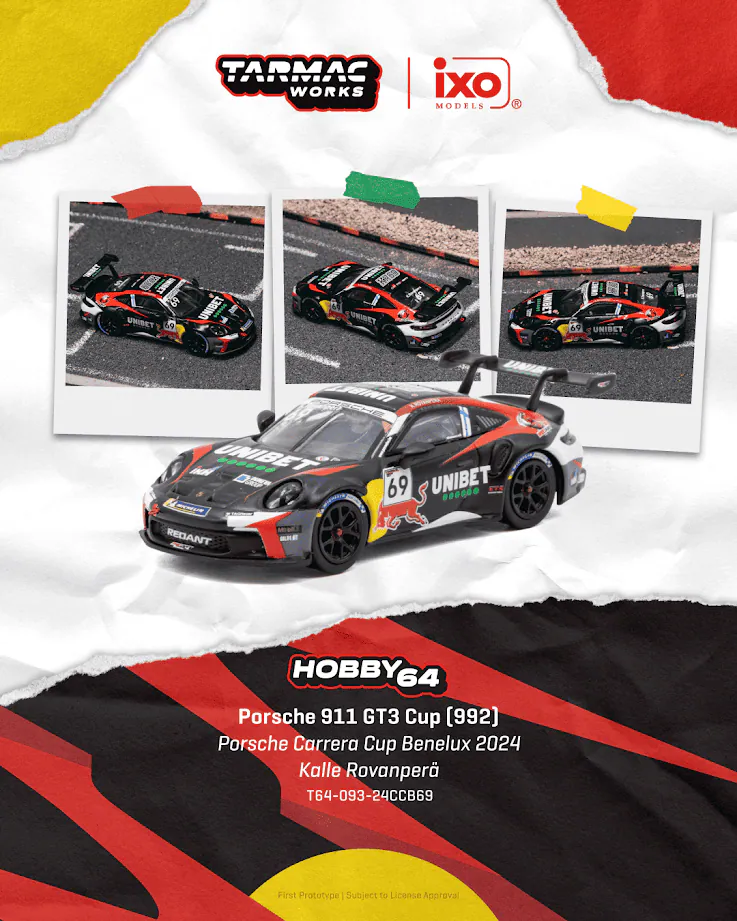 預訂 Tarmac Works ( T64-093-24CCB69 ) Porsche 911 GT3 Cup (992) Porsche Carrera Cup Benelux 2024 Kalle Rovanperä ｜ 預訂優惠價 Pre-Order Price: HK$145