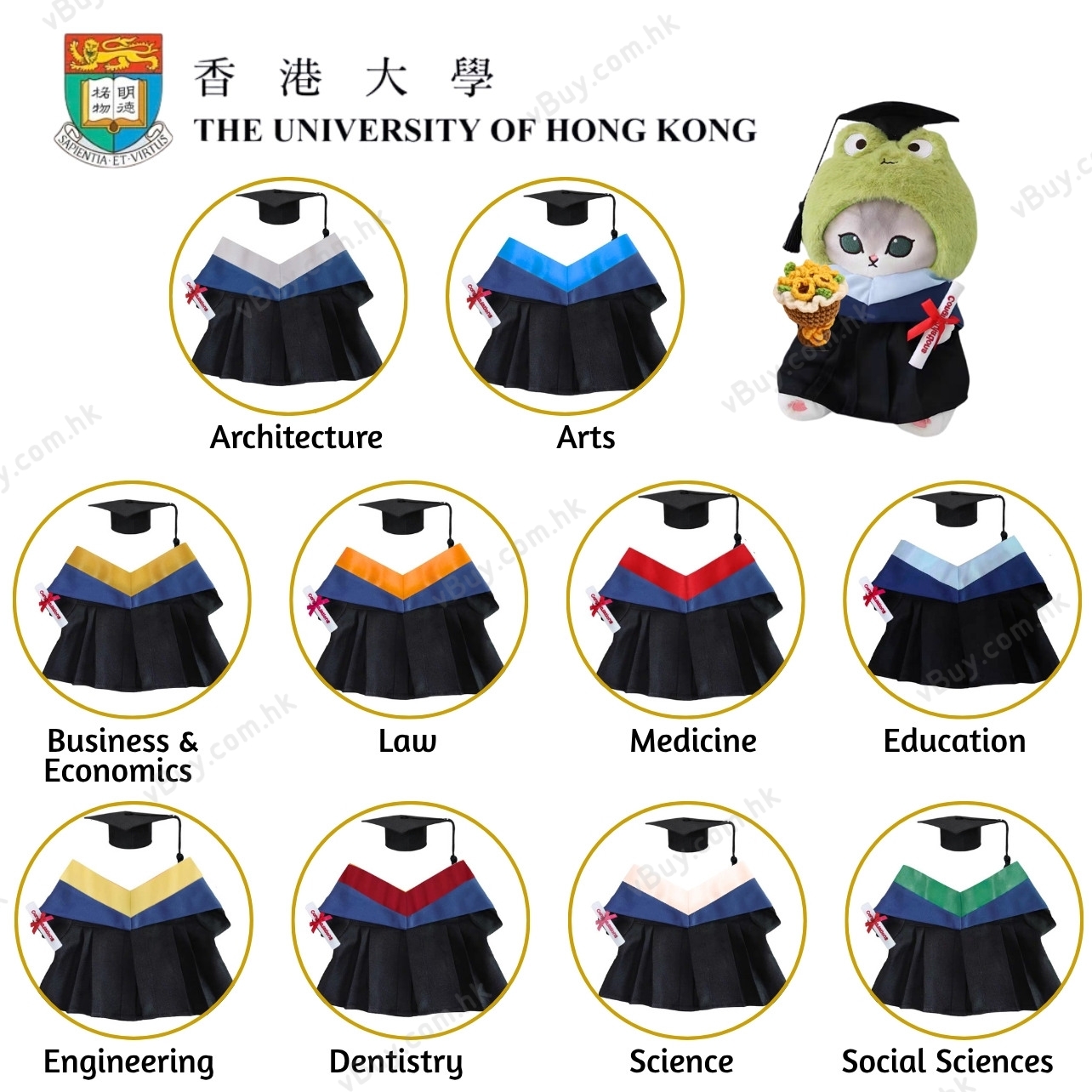 vBuy 訂製香港大學公仔畢業袍  HKU公仔畢業袍 港大公仔畢業袍可綉字綉名獨一無二 （不連公仔）